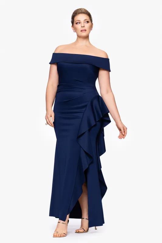 Plus "Dolly" Techno Scuba Off the Shoulder Ruffle Floor Length Dress sold by Xscape