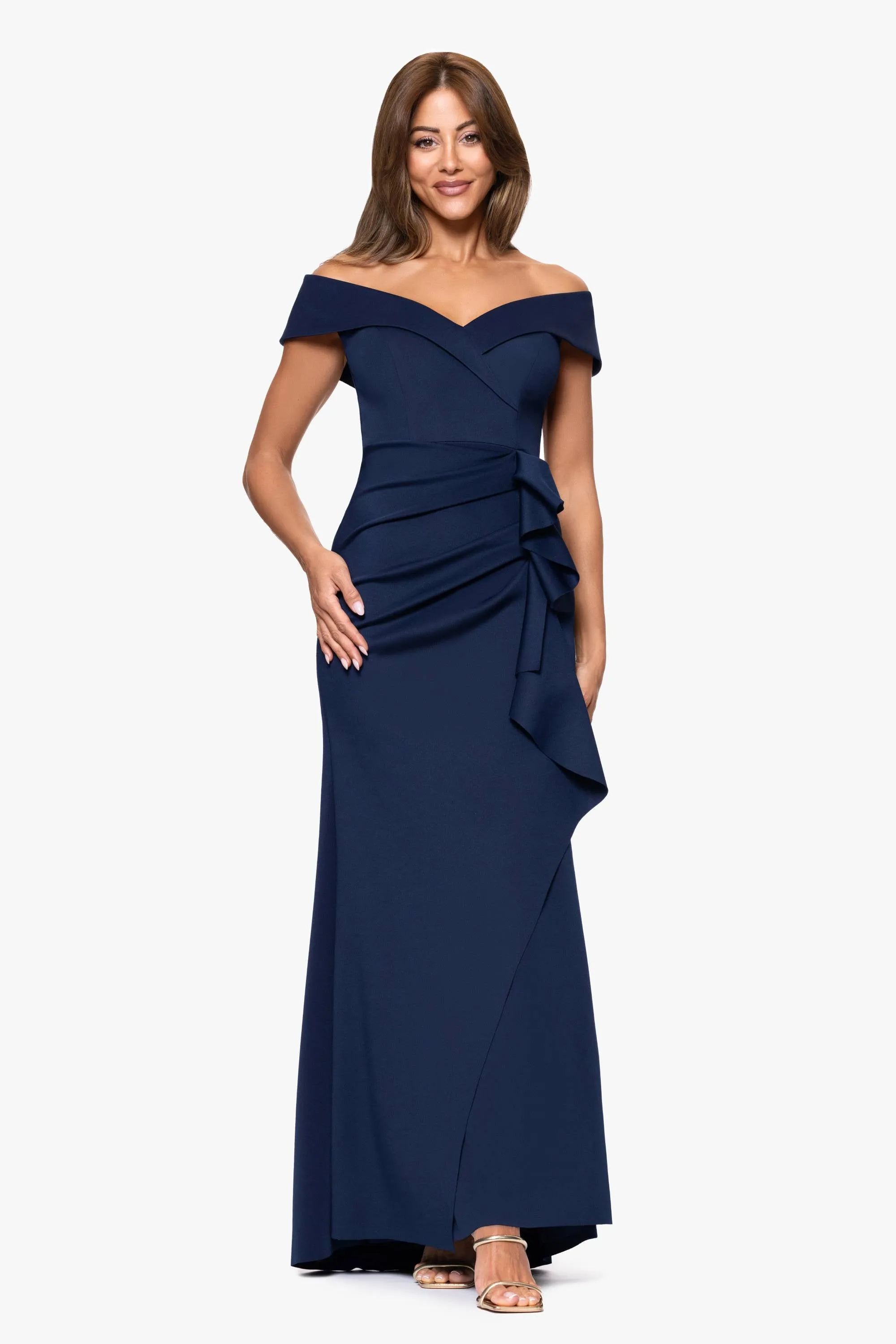 Petite "Patti" Long Off the Shoulder Scuba Crepe Dress sold by Xscape