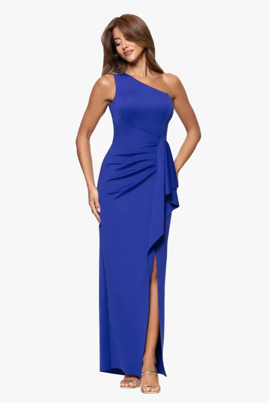 "Tana" Long Scuba One Shoulder Ruffle Floor Length Dress sold by Xscape