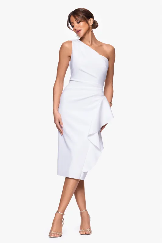 "Carrie" Techno Scuba One Shoulder Knee Length Ruffle Dress sold by Xscape