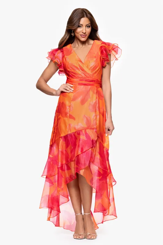 "Patricia" Print Organza Flutter Sleeve High Low Dress sold by Xscape