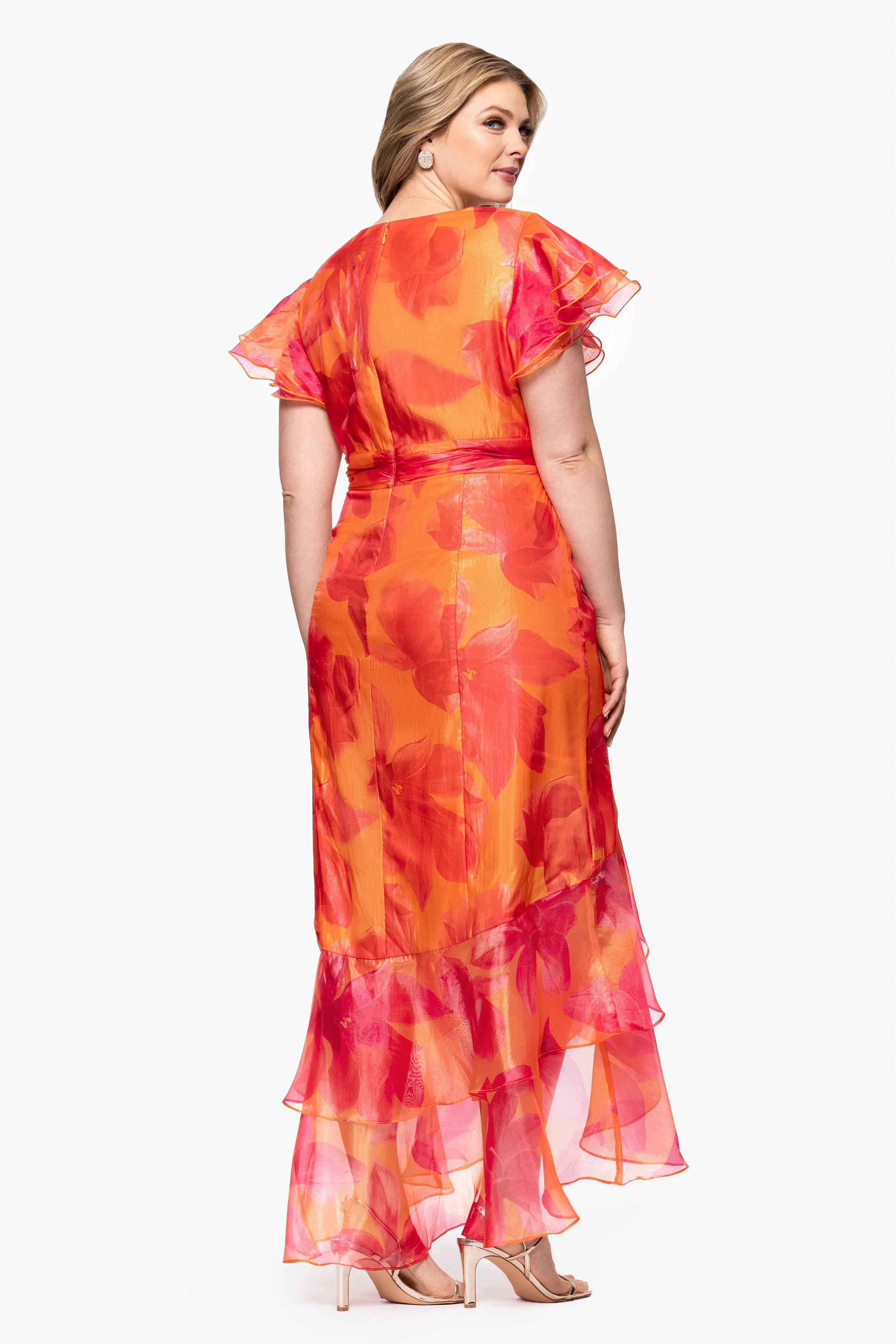 Plus "Patricia" Print Organza Flutter Sleeve High Low Dress sold by Xscape product image thumbnail 3