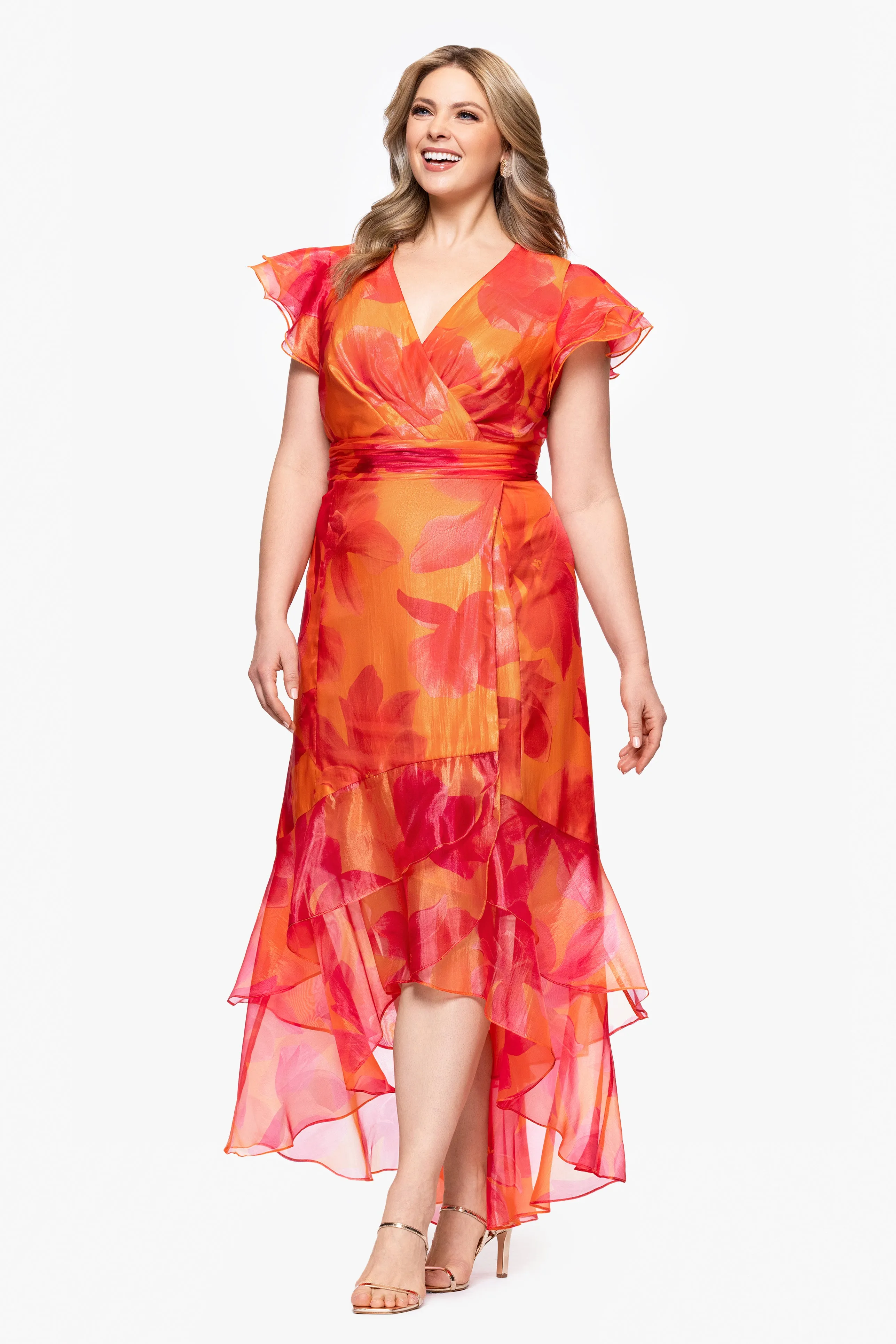 Plus "Patricia" Print Organza Flutter Sleeve High Low Dress sold by Xscape product image thumbnail 4
