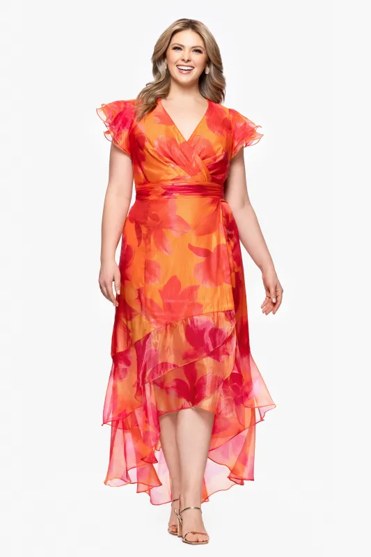 Plus "Patricia" Print Organza Flutter Sleeve High Low Dress sold by Xscape