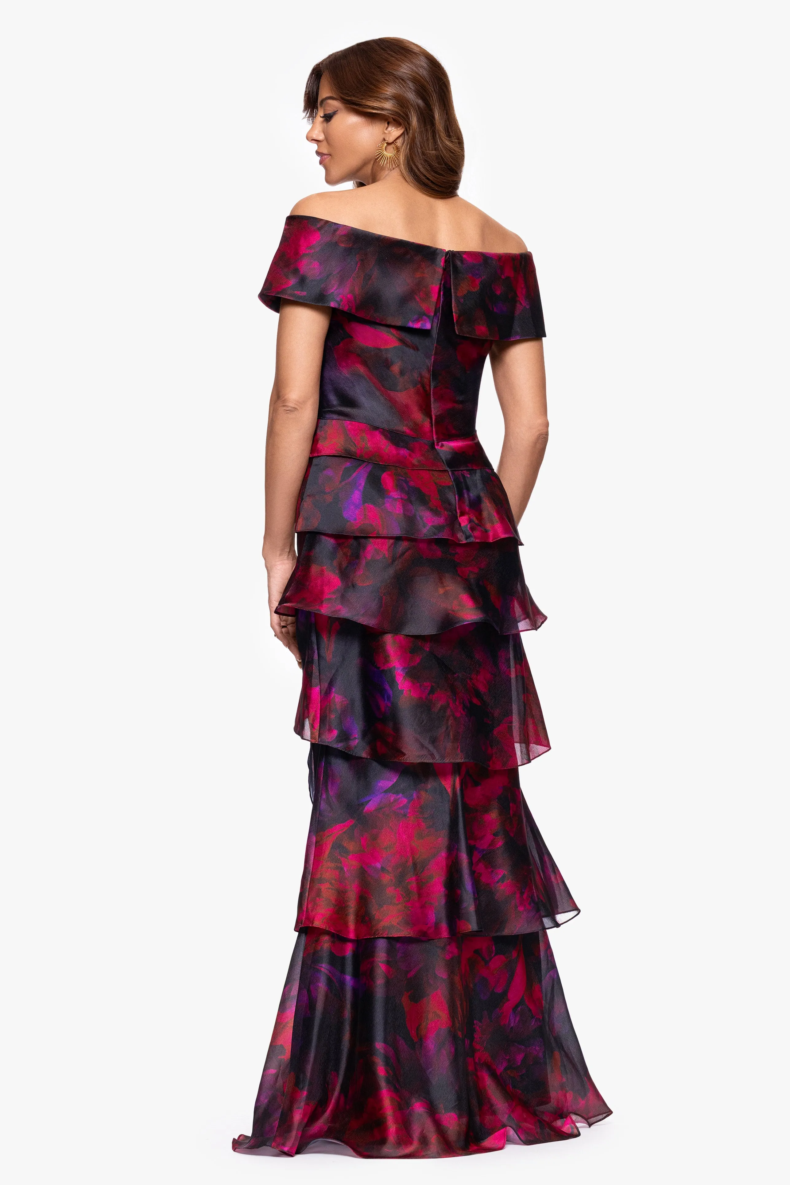 Petite "Brie" Print Organza Off the Shoulder Tiered Floor Length Dress sold by Xscape product image thumbnail 3