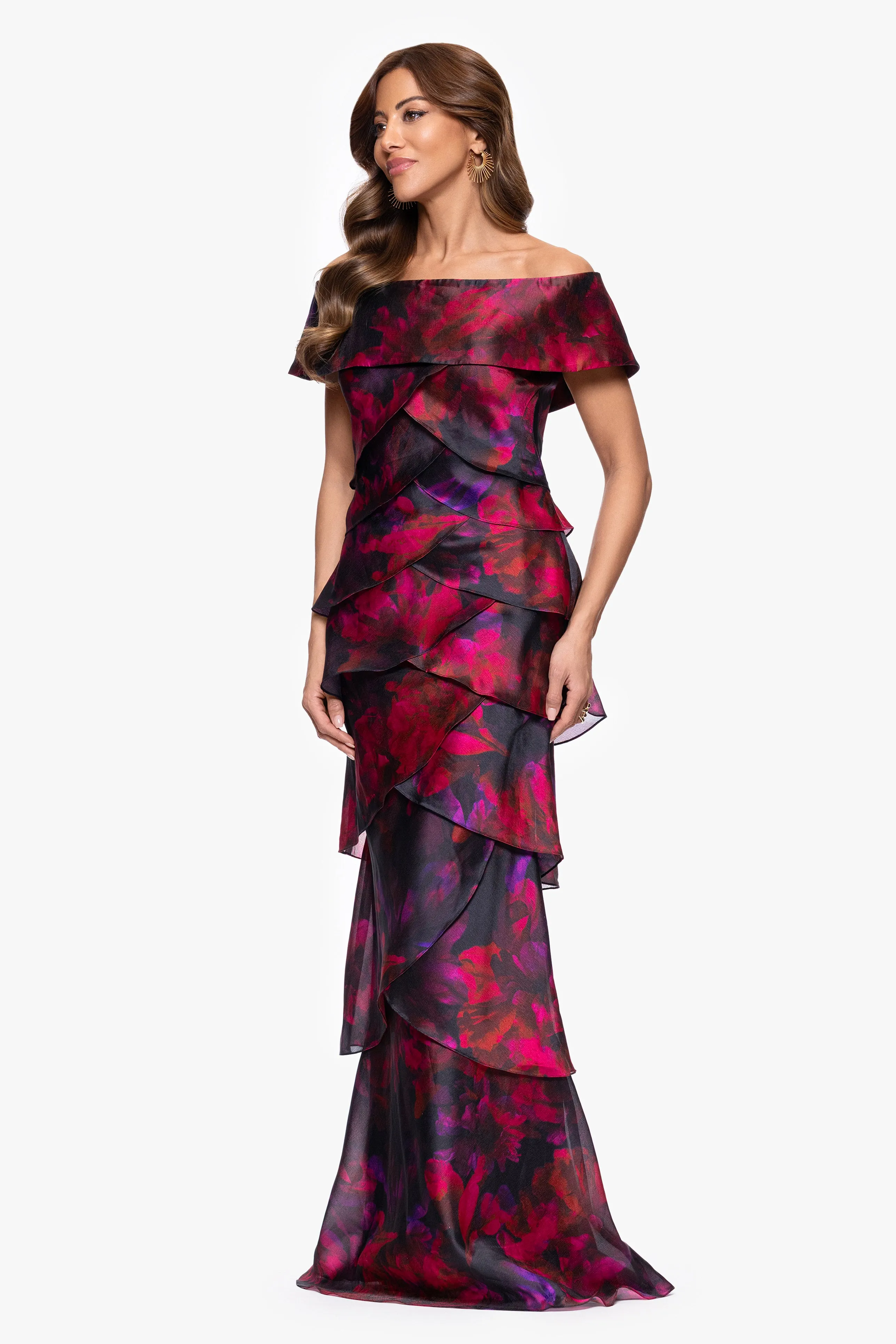 Petite "Brie" Print Organza Off the Shoulder Tiered Floor Length Dress sold by Xscape product image thumbnail 4