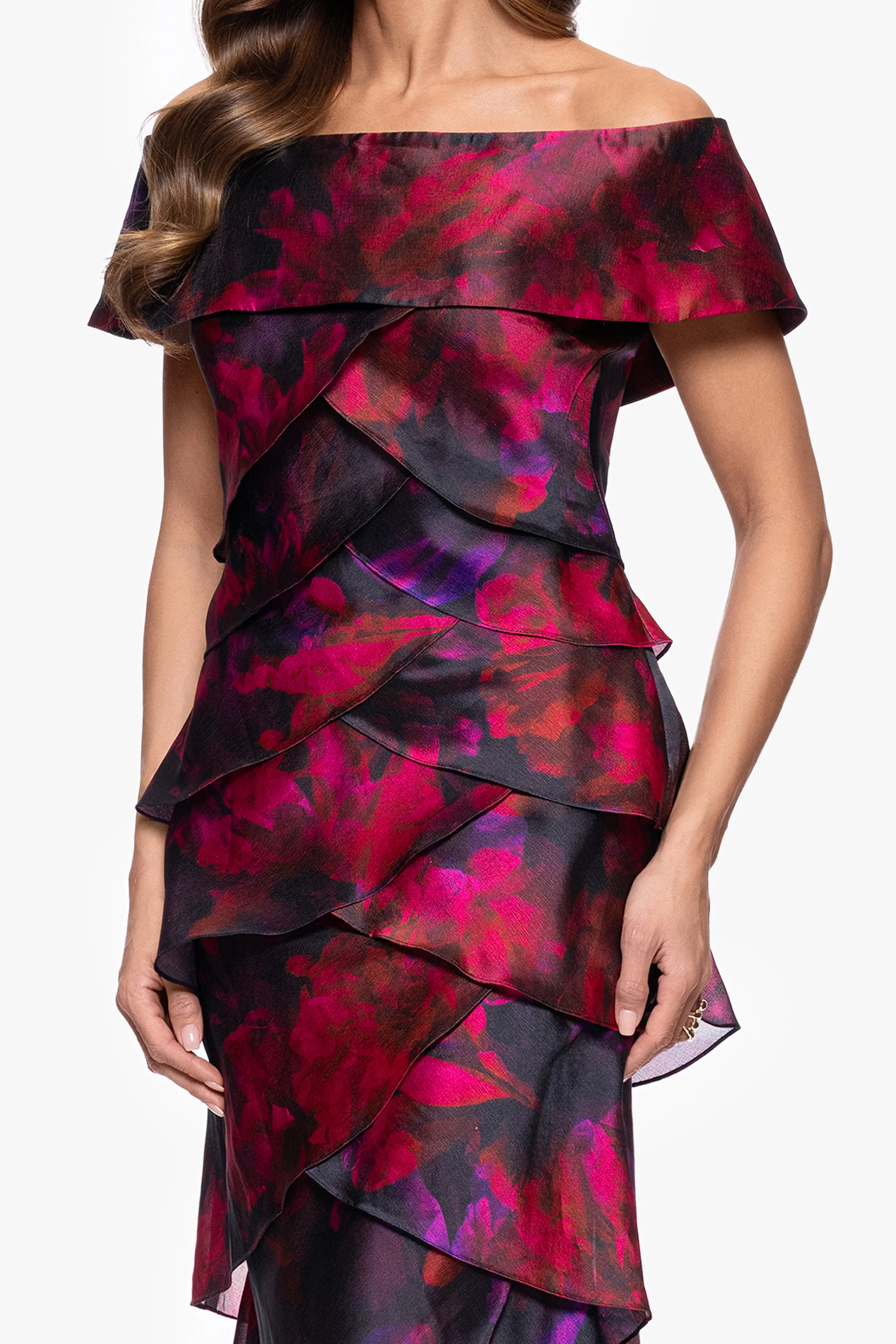 Petite "Brie" Print Organza Off the Shoulder Tiered Floor Length Dress sold by Xscape product image thumbnail 2