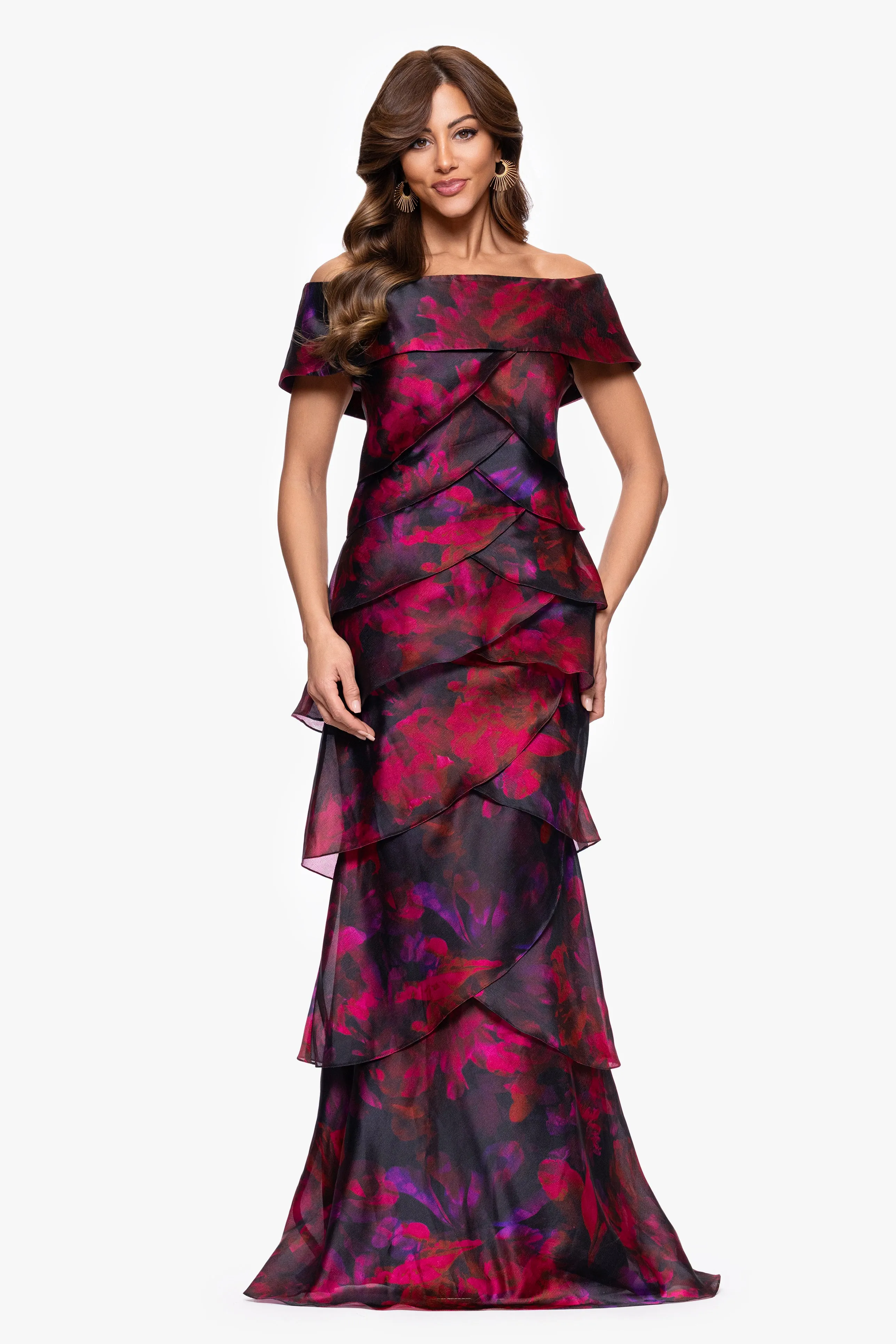 Petite "Brie" Print Organza Off the Shoulder Tiered Floor Length Dress sold by Xscape