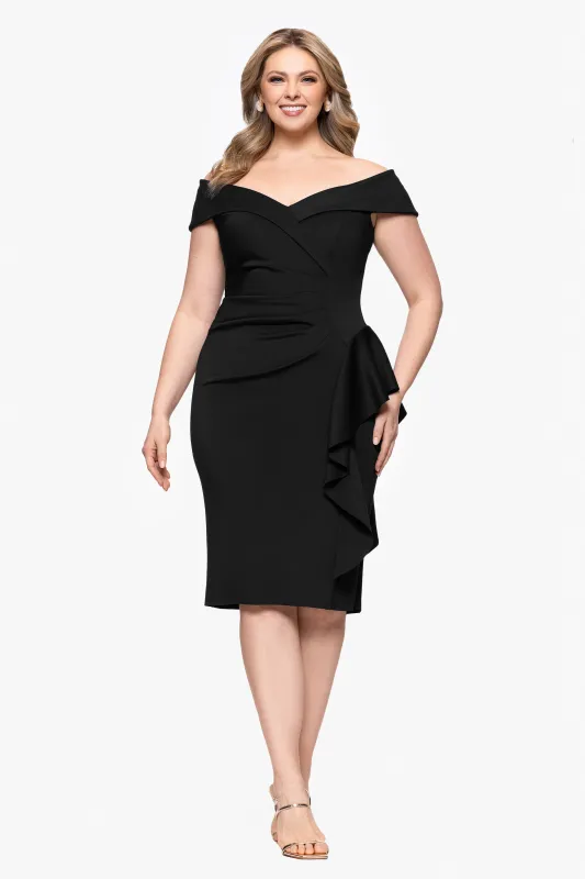 Plus "Meryl" Techno Scuba Off the Shoulder Ruffle Knee Length Dress sold by Xscape