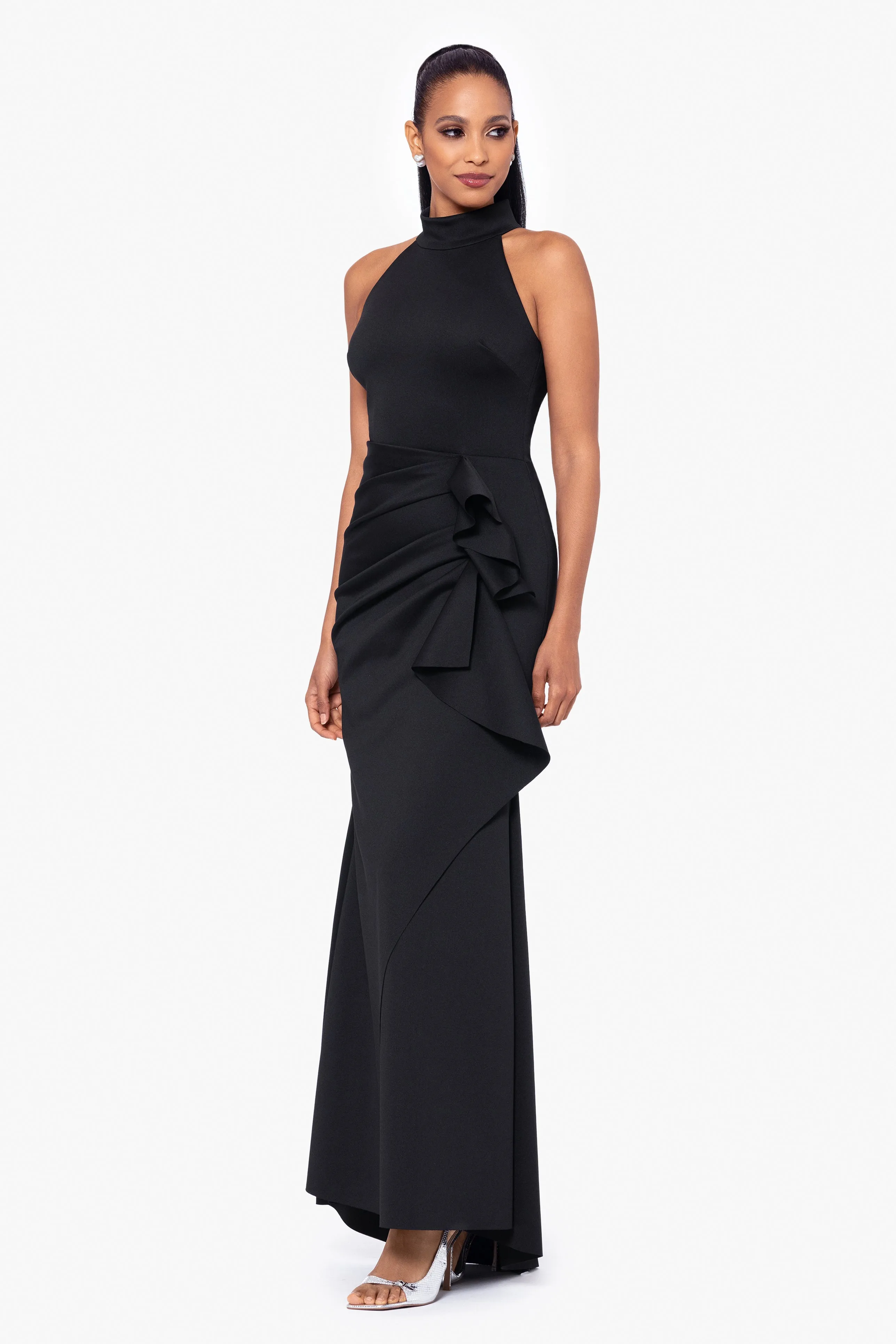 Petite "Eden" Techno Scuba Mock Neck Ruffle Dress sold by Xscape product image thumbnail 4