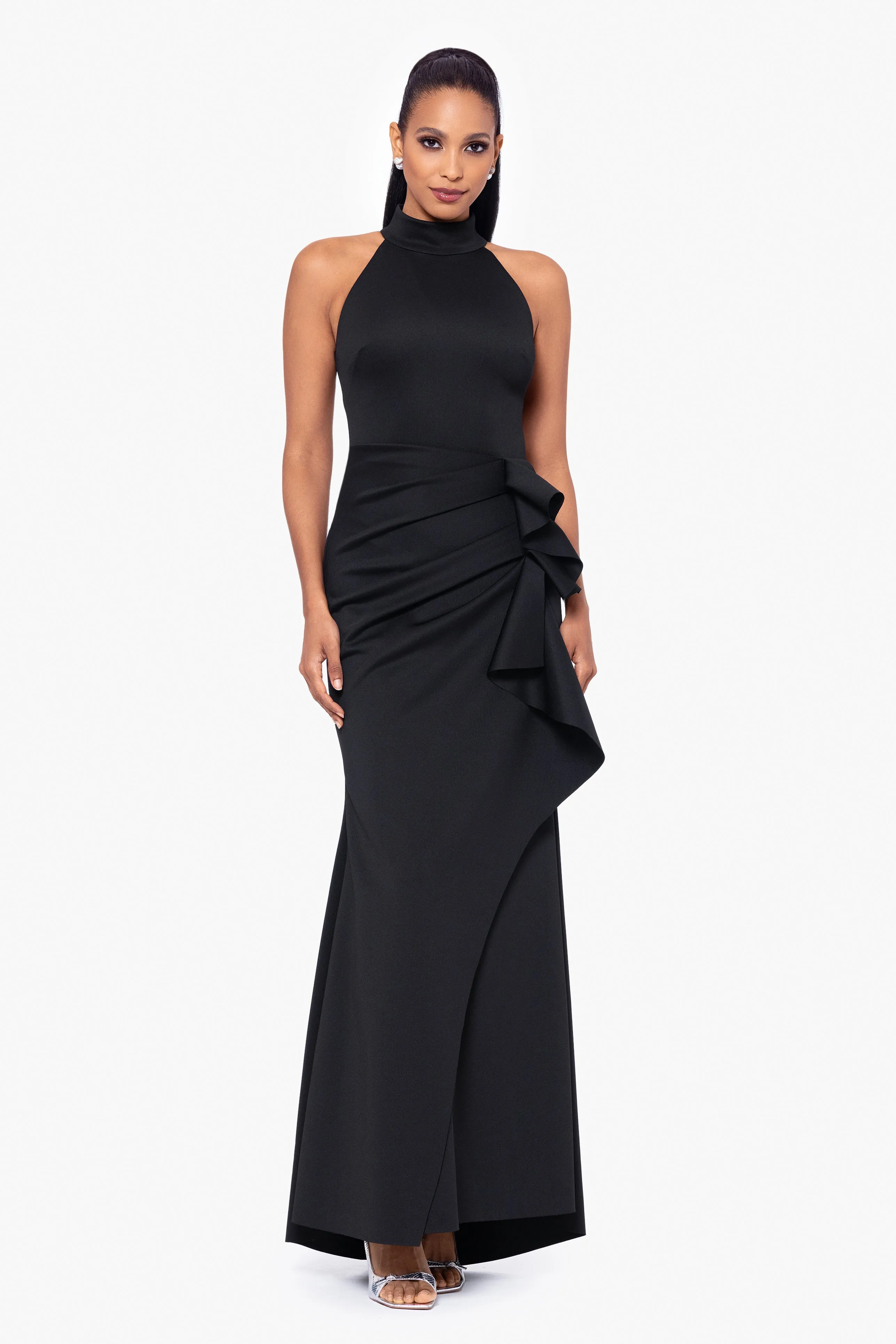 Petite "Eden" Techno Scuba Mock Neck Ruffle Dress sold by Xscape