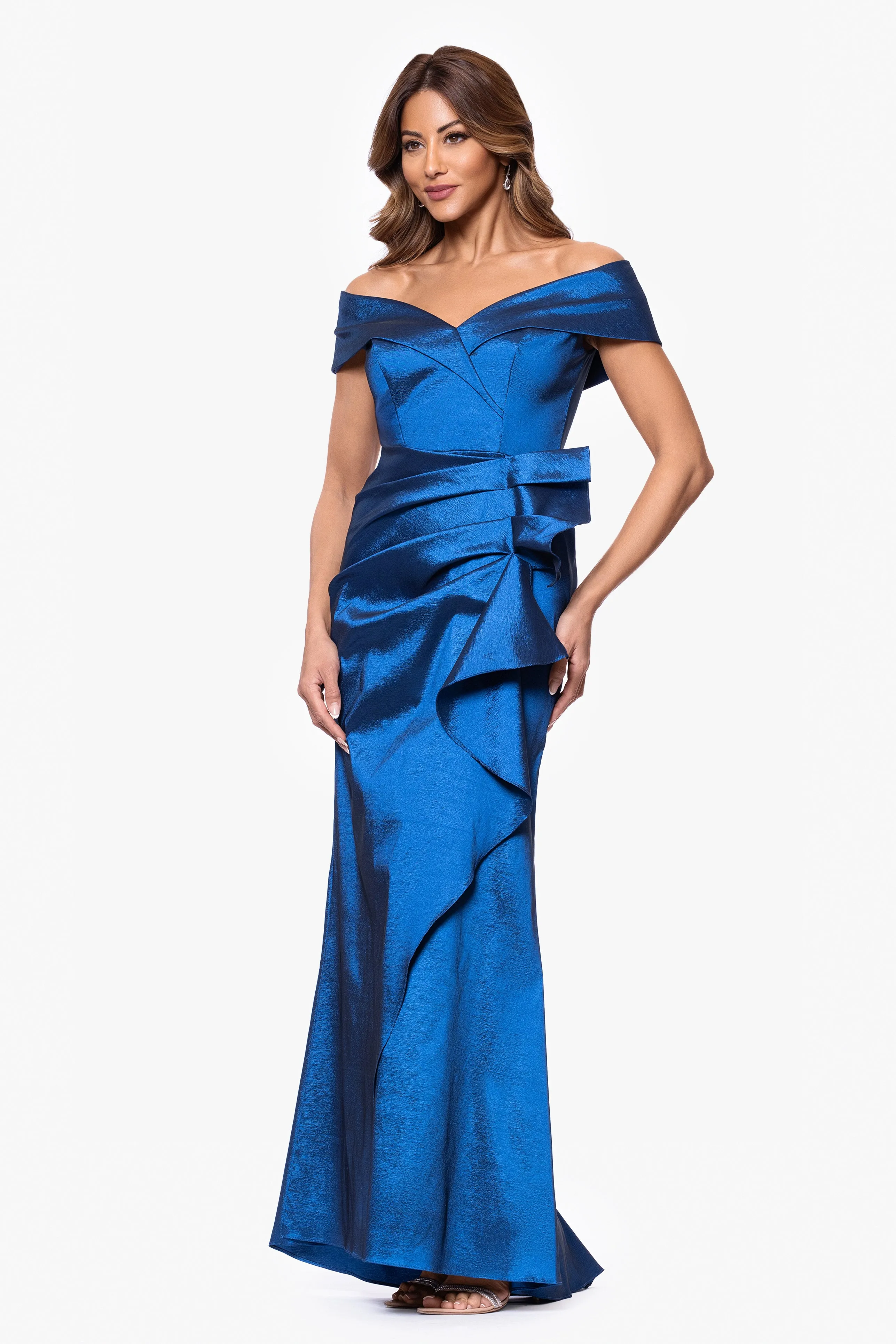 Petite "Olivia" Taffeta Off the Shoulder Sweetheart Neckline Floor Length Dress sold by Xscape product image thumbnail 4