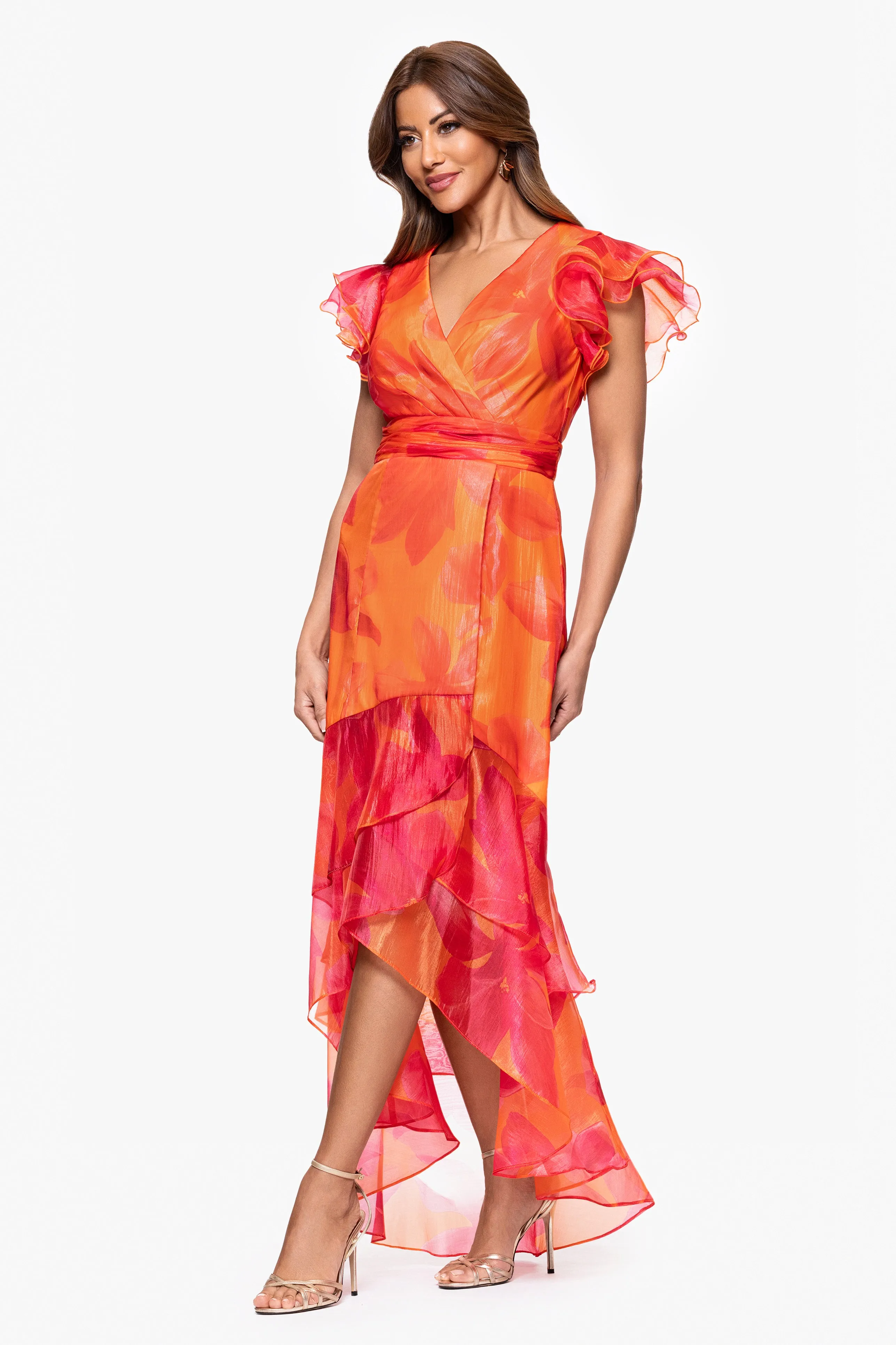 Petite "Patricia" Print Organza Flutter Sleeve High Low Dress sold by Xscape product image thumbnail 4