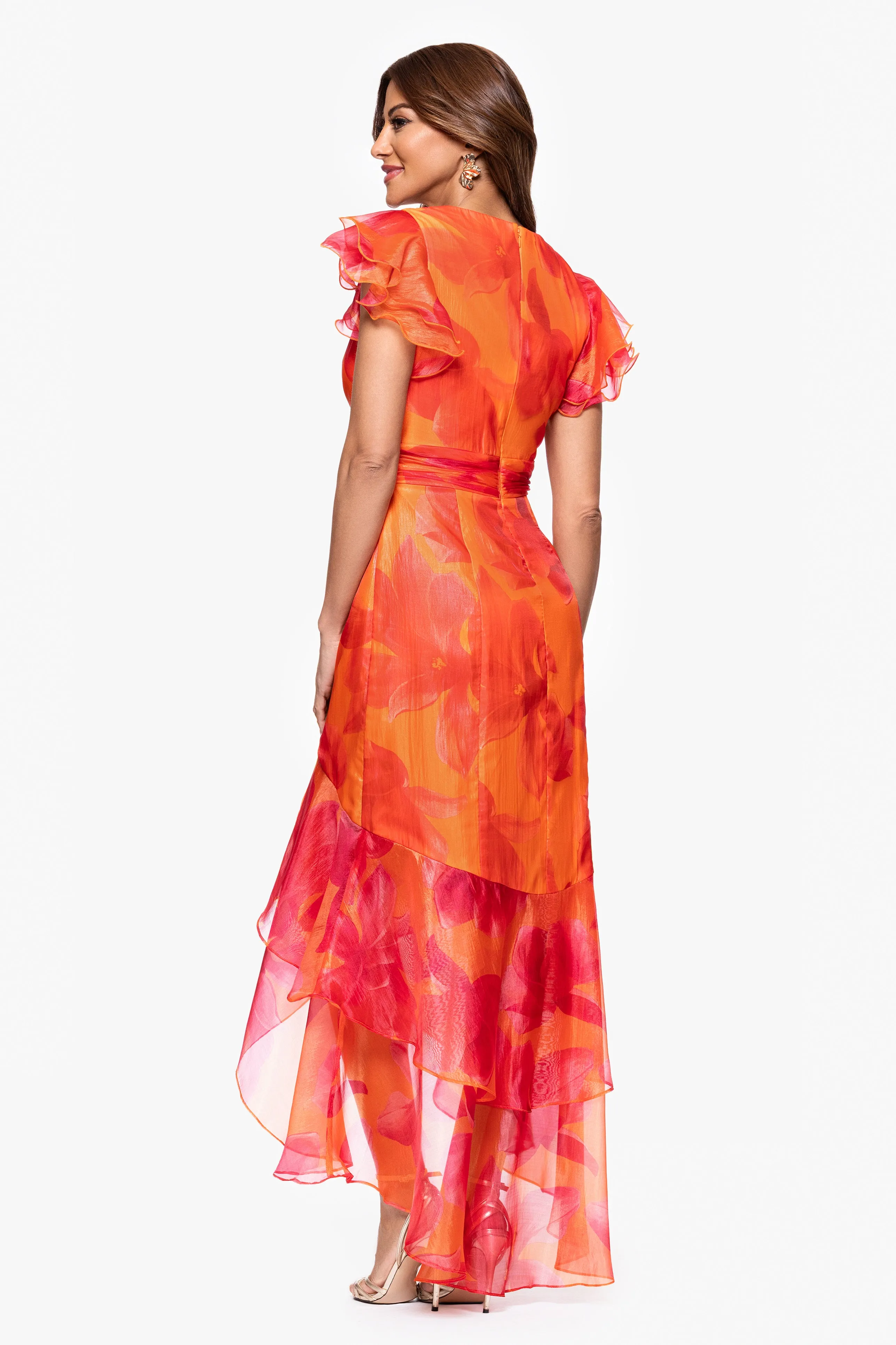 Petite "Patricia" Print Organza Flutter Sleeve High Low Dress sold by Xscape product image thumbnail 3