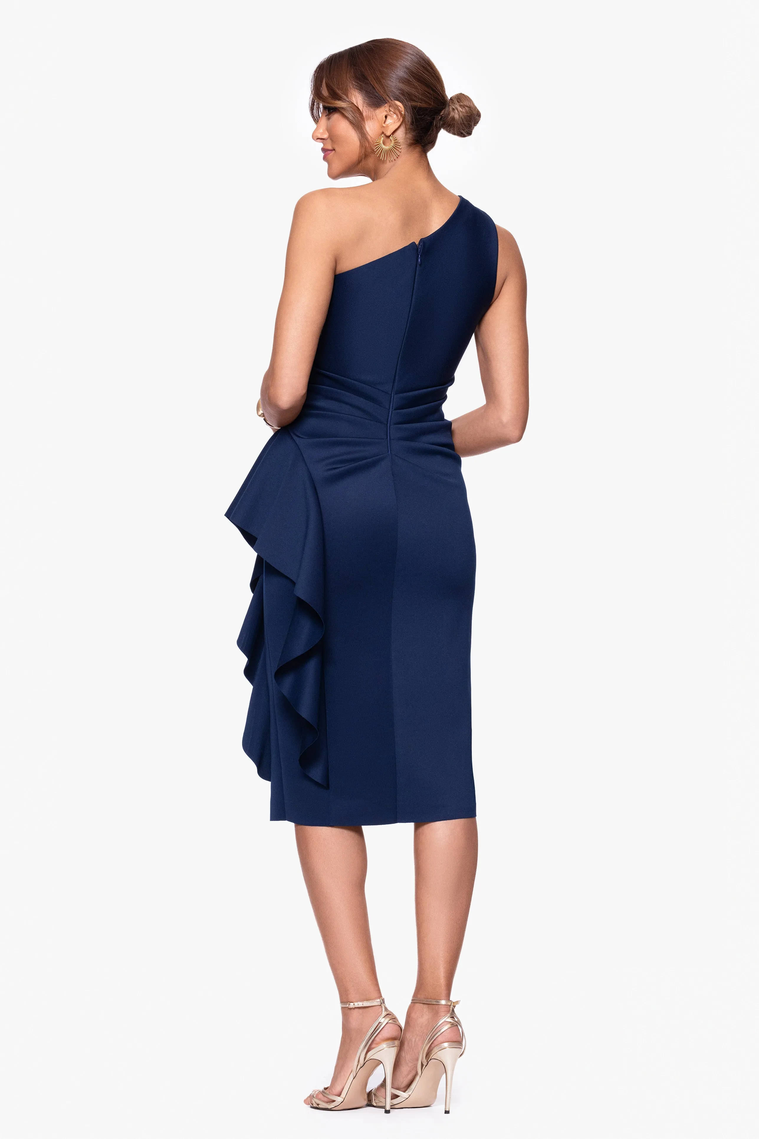 Petite "Carrie" Techno Scuba One Shoulder Knee Length Ruffle Dress sold by Xscape product image thumbnail 3