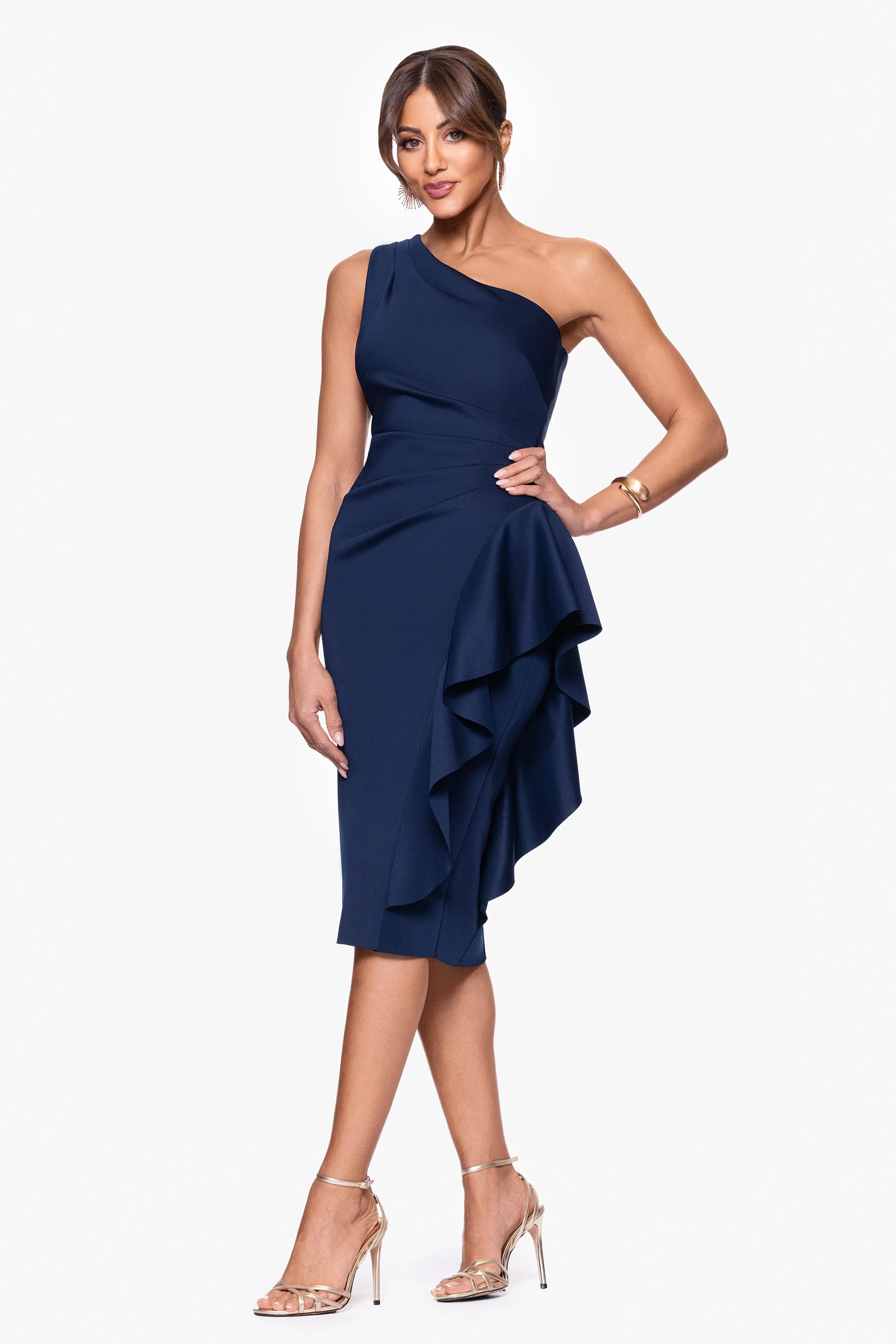 Petite "Carrie" Techno Scuba One Shoulder Knee Length Ruffle Dress sold by Xscape product image thumbnail 4