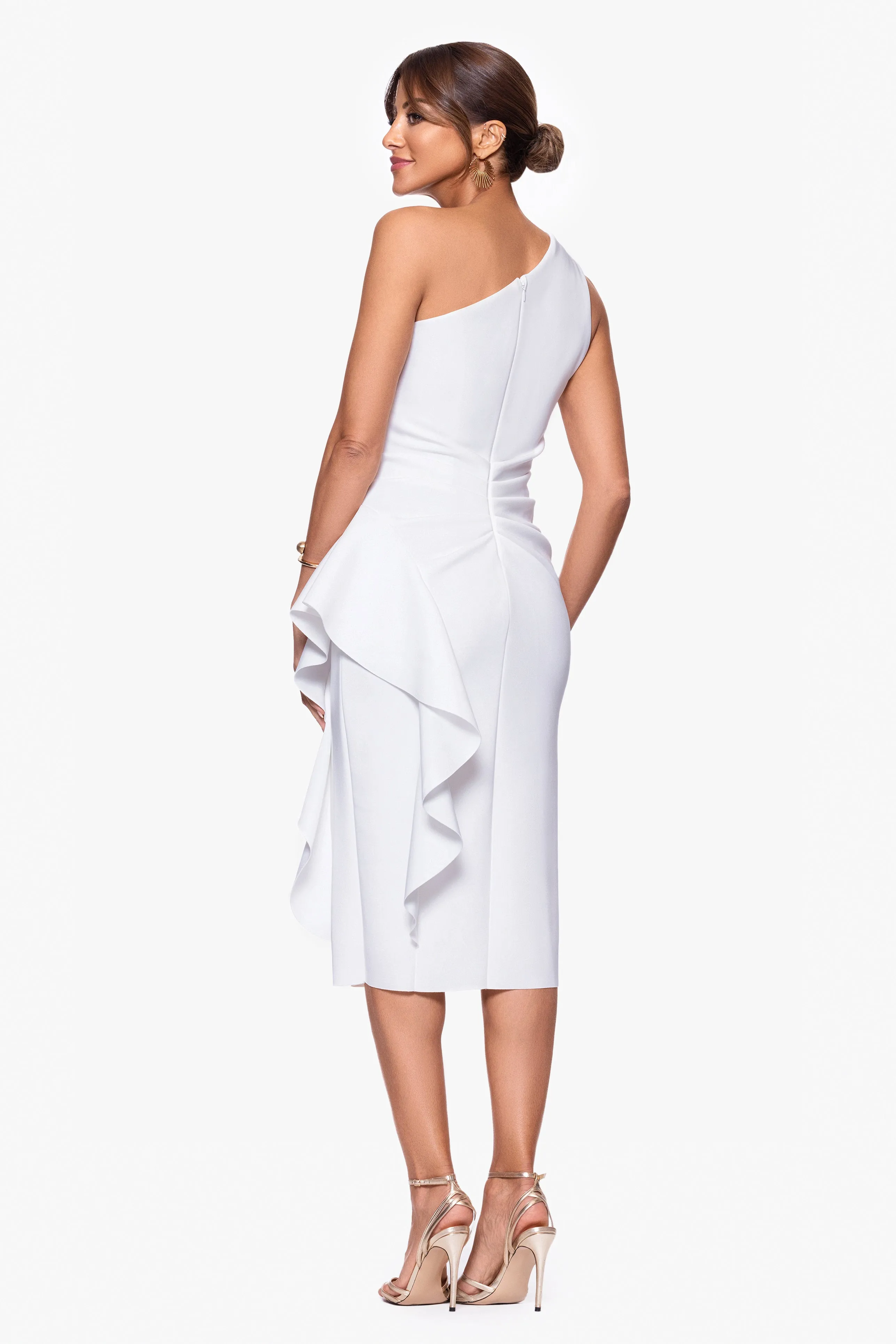 Petite "Carrie" Techno Scuba One Shoulder Knee Length Ruffle Dress sold by Xscape product image thumbnail 3