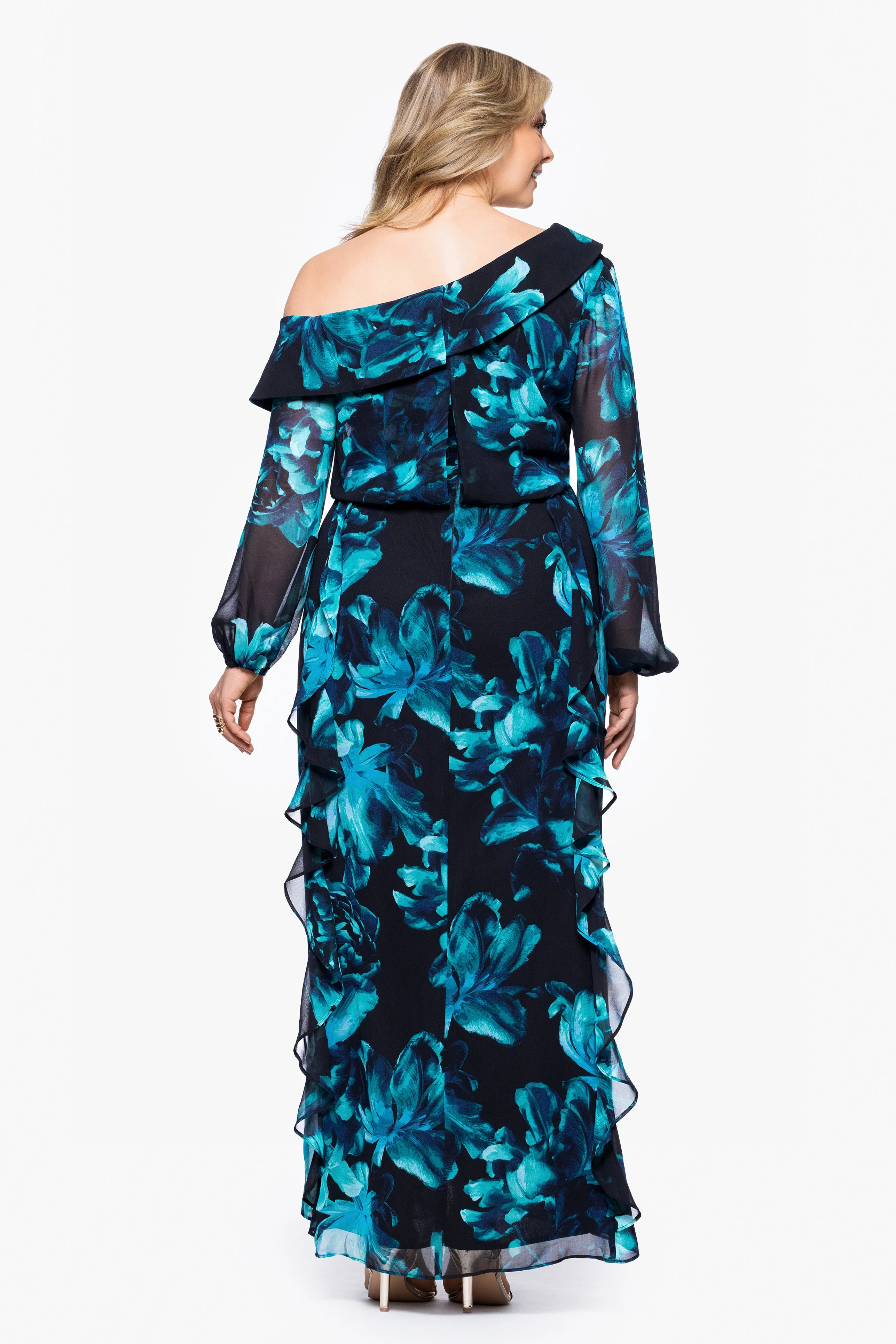 Plus "Edwina" Print Chiffon Drop Shoulder Long Sleeve Floor Length Dress sold by Xscape product image thumbnail 3