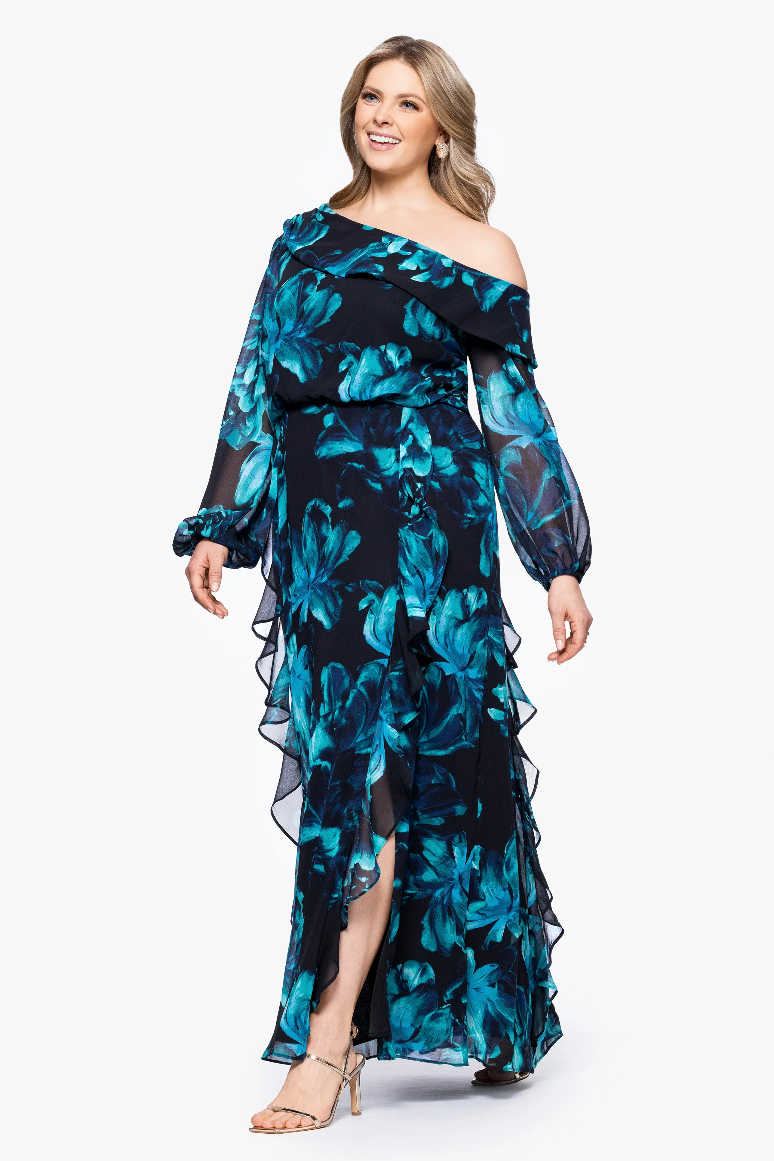 Plus "Edwina" Print Chiffon Drop Shoulder Long Sleeve Floor Length Dress sold by Xscape product image thumbnail 4