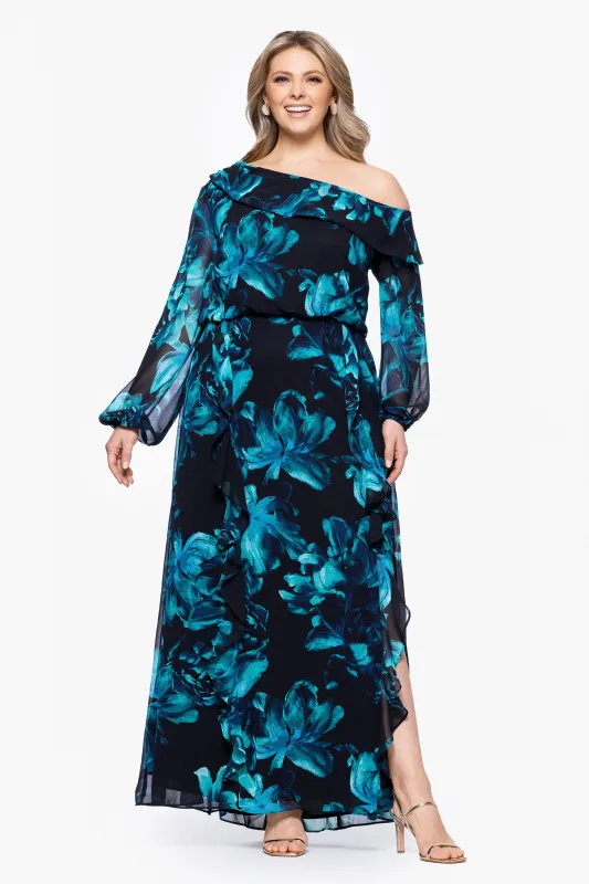 Plus "Edwina" Print Chiffon Drop Shoulder Long Sleeve Floor Length Dress sold by Xscape
