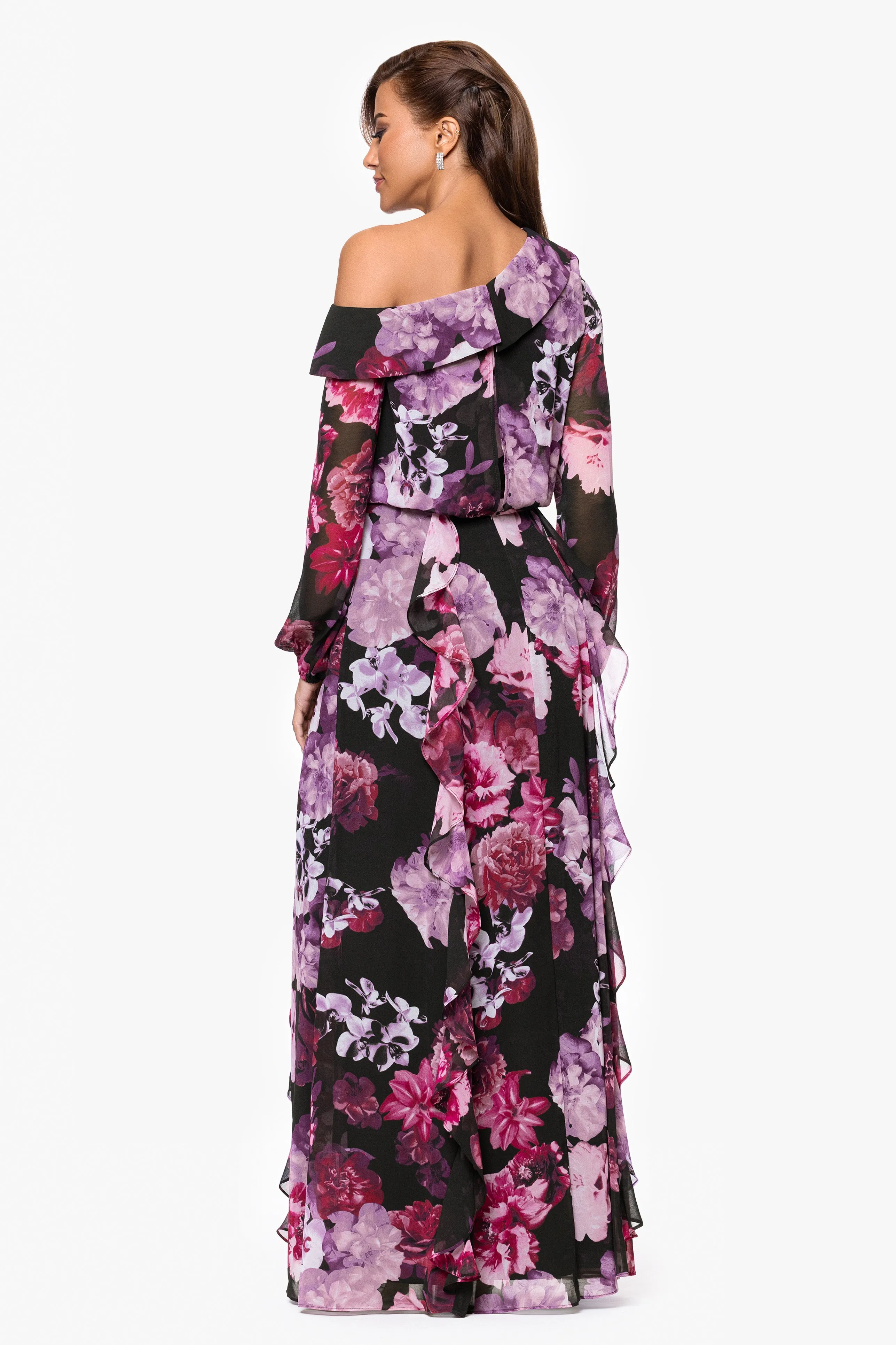 "Nadia" Print Chiffon One Shoulder Ruffle Floor Length Dress sold by Xscape product image thumbnail 3