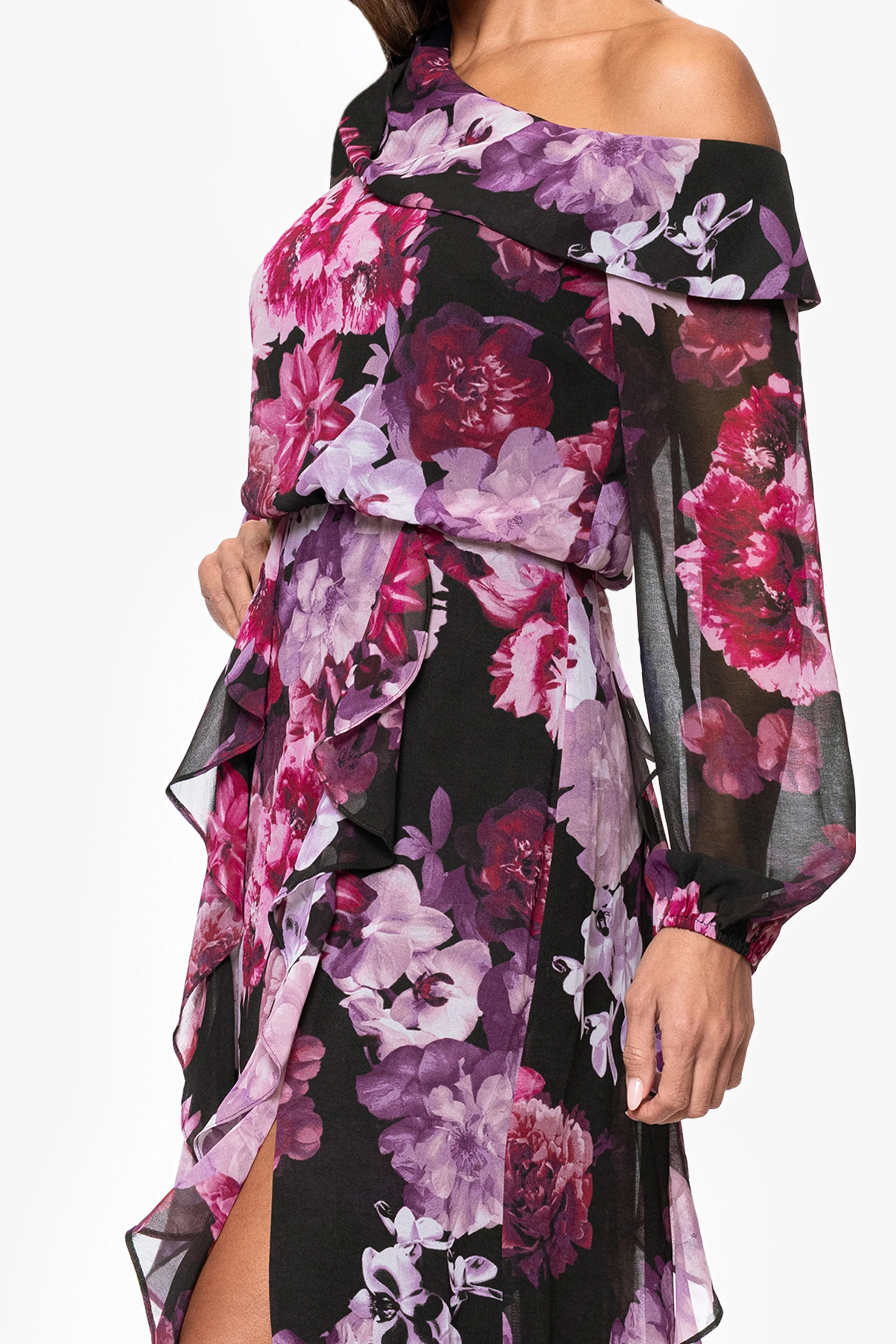 "Nadia" Print Chiffon One Shoulder Ruffle Floor Length Dress sold by Xscape product image thumbnail 2