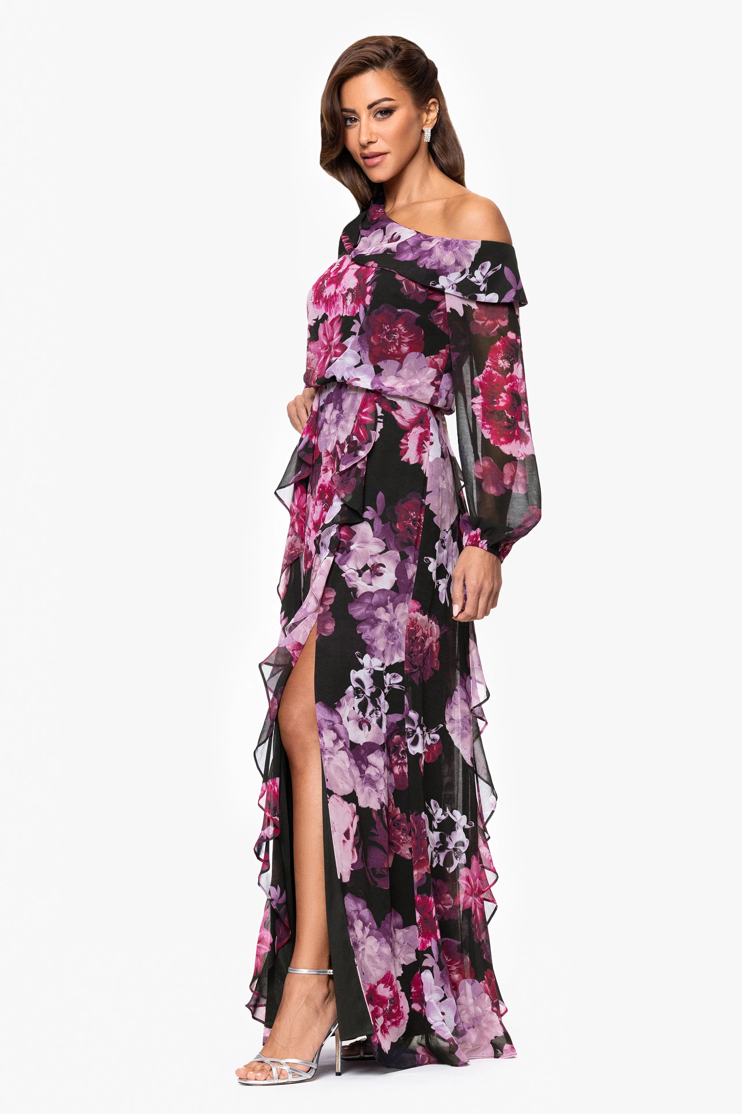 "Nadia" Print Chiffon One Shoulder Ruffle Floor Length Dress sold by Xscape product image thumbnail 4