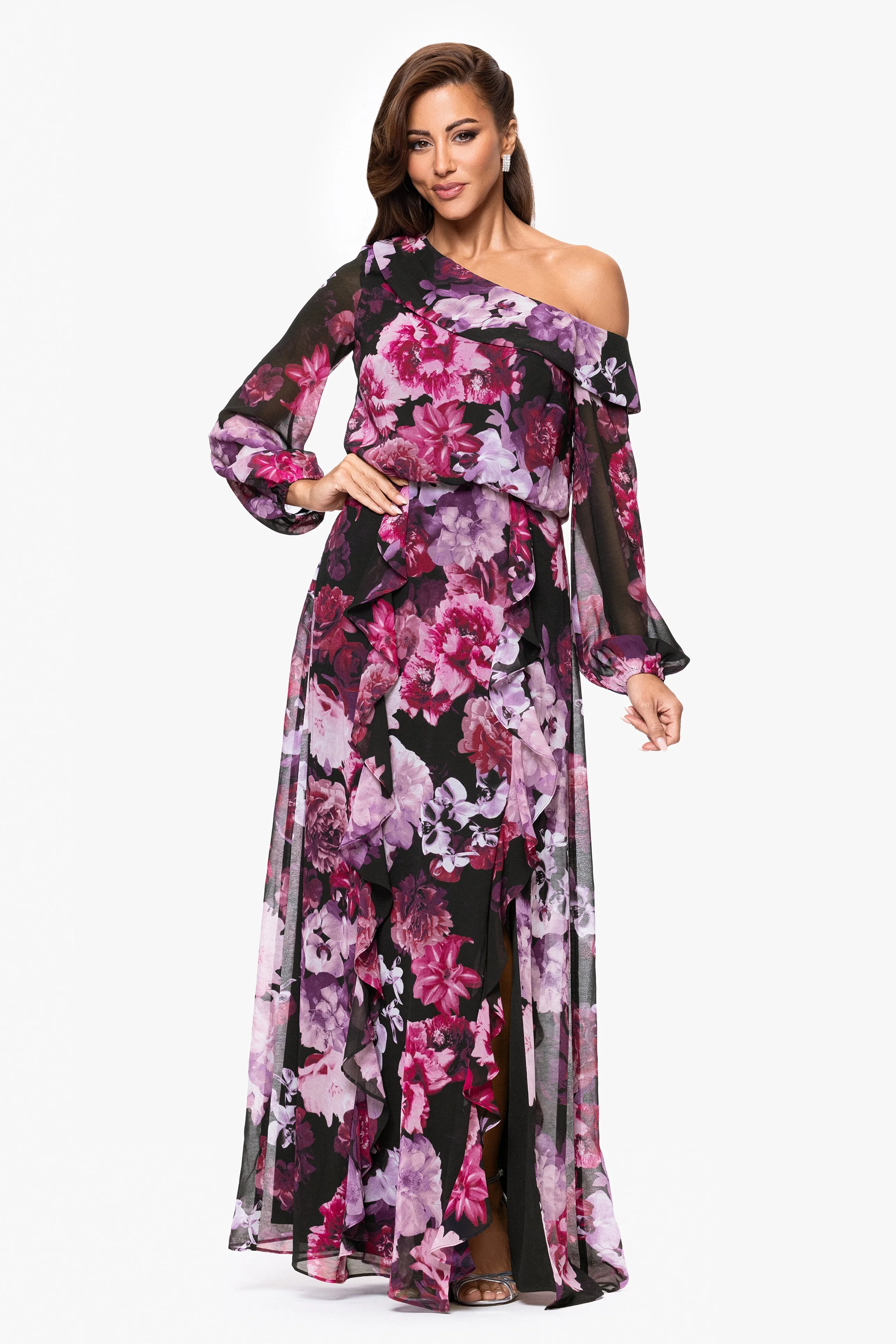 "Nadia" Print Chiffon One Shoulder Ruffle Floor Length Dress sold by Xscape