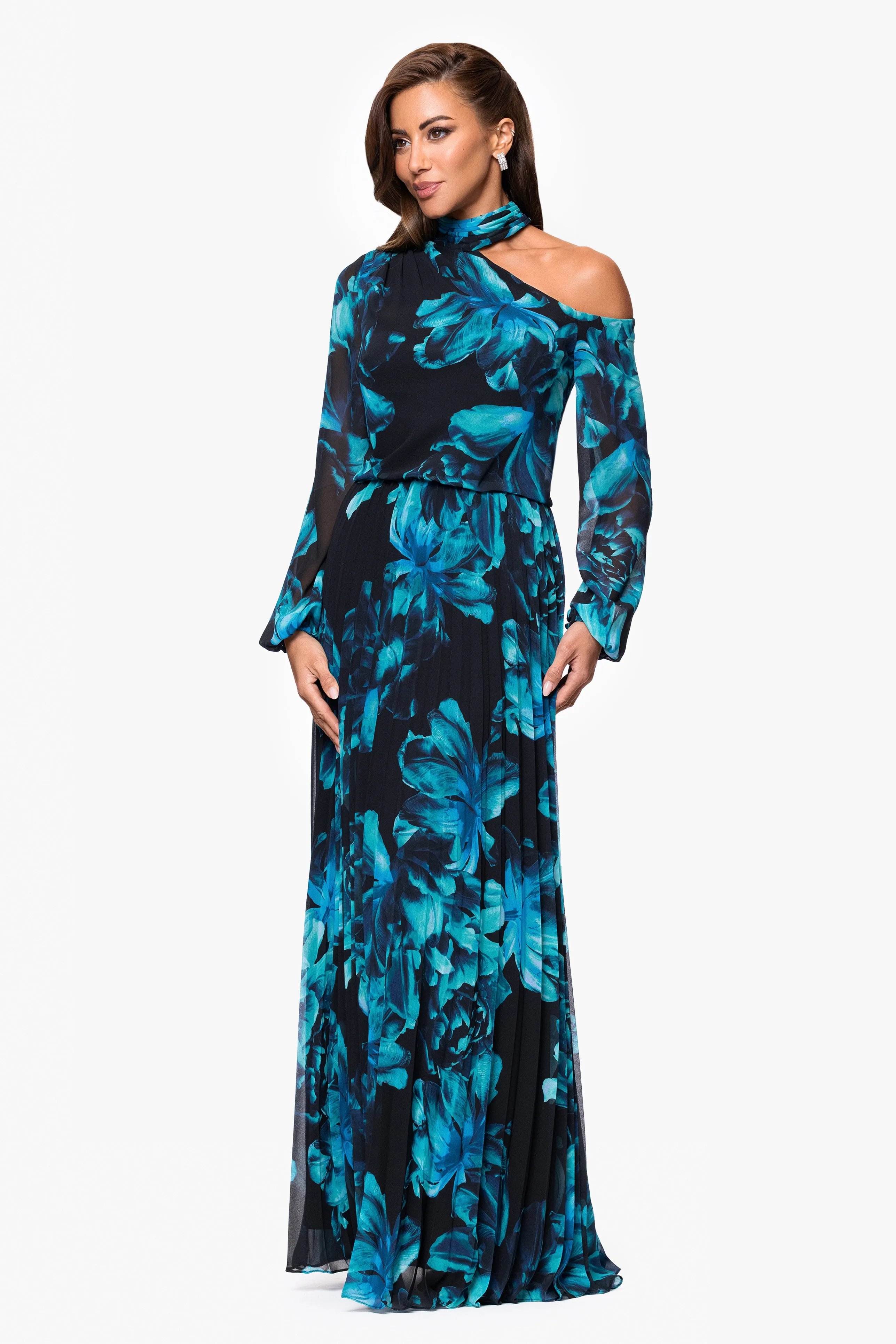 "Gabriela" Print Chiffon Mock Neck Long Sleeve Floor Length Dress sold by Xscape product image thumbnail 4
