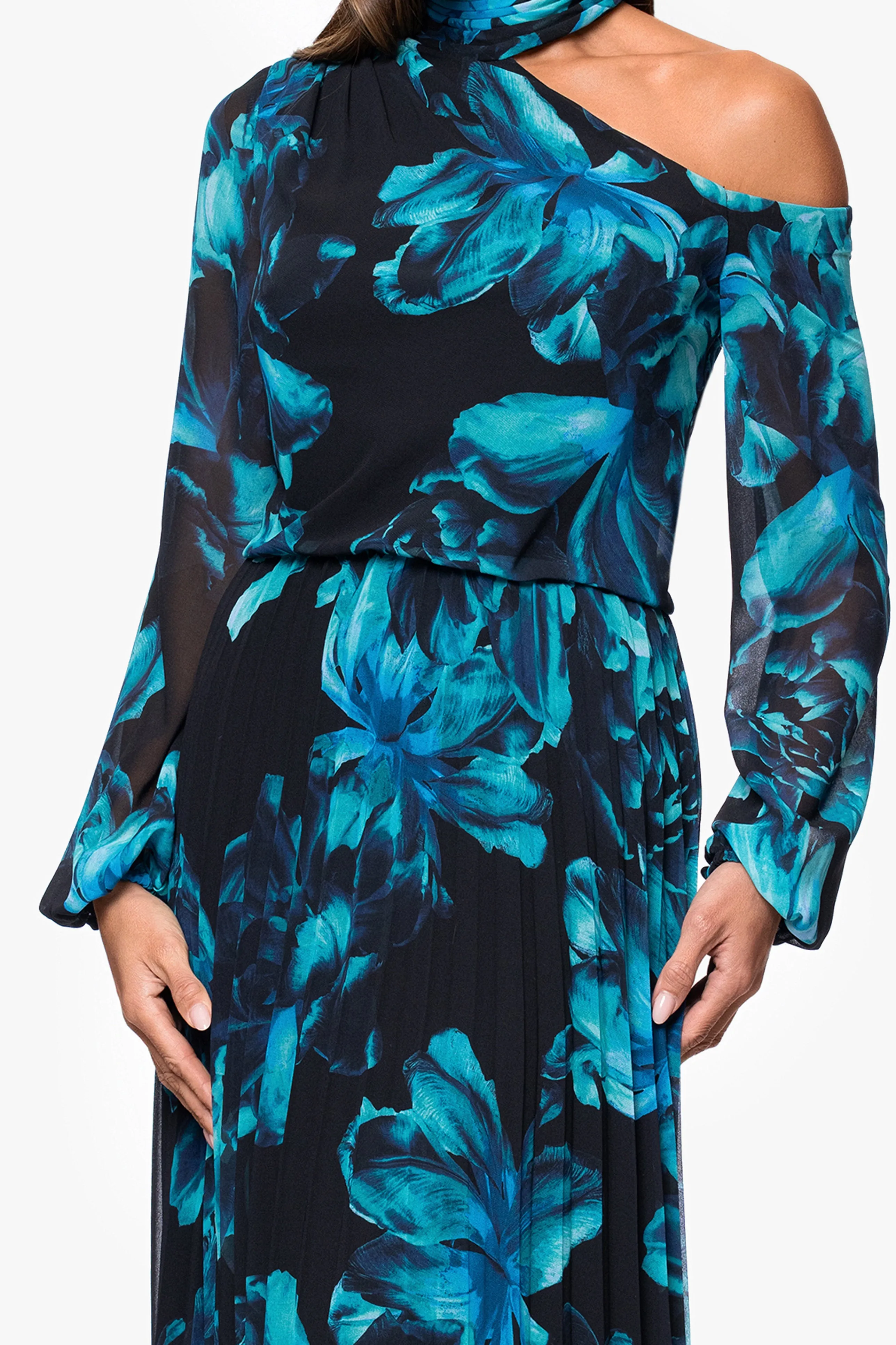 "Gabriela" Print Chiffon Mock Neck Long Sleeve Floor Length Dress sold by Xscape product image thumbnail 2