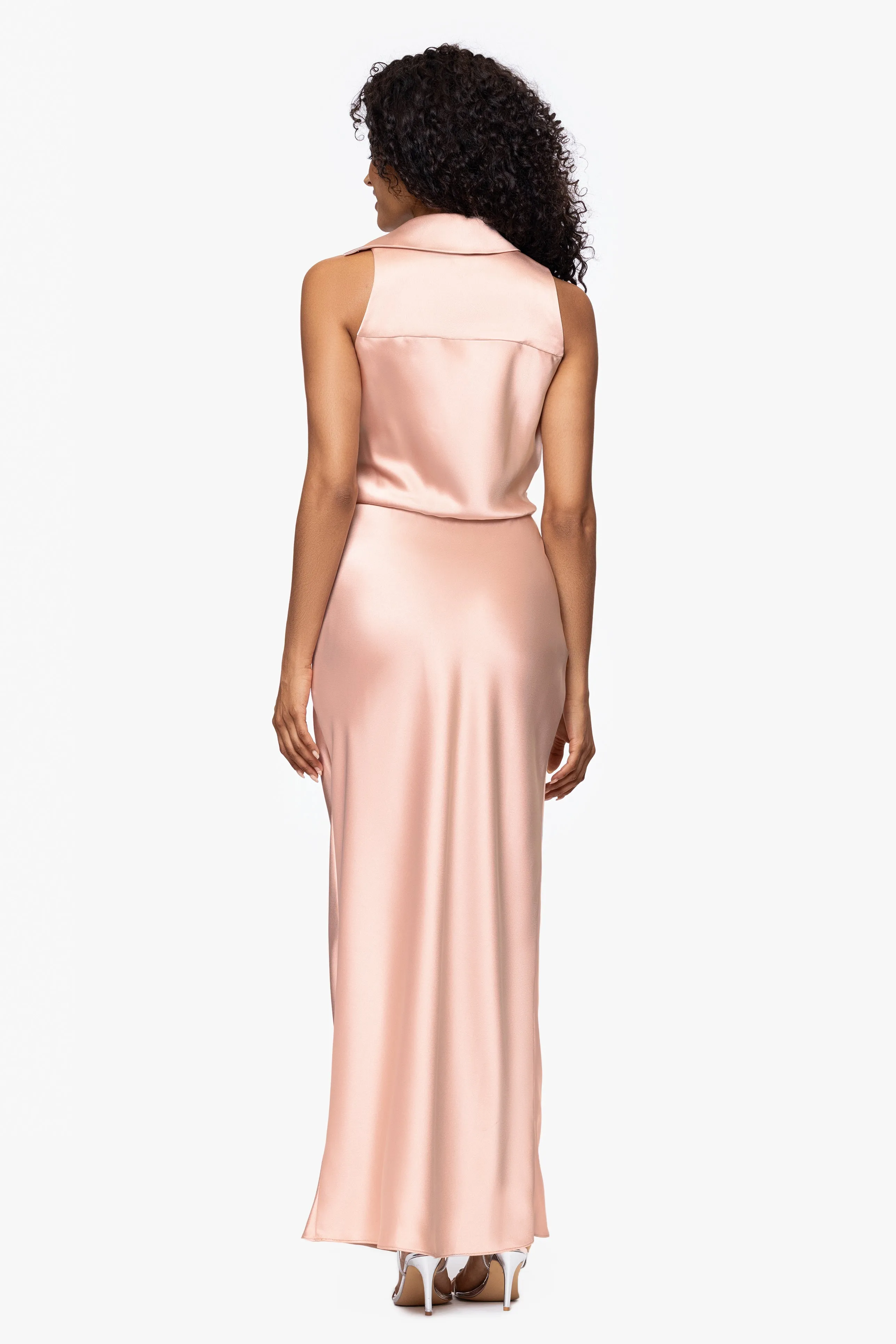 "Aaria" Satin Collared Sleeveless Floor Length Dress sold by Xscape product image thumbnail 3