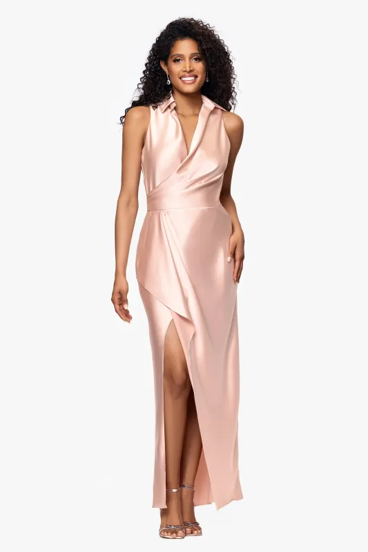 "Aaria" Satin Collared Sleeveless Floor Length Dress sold by Xscape