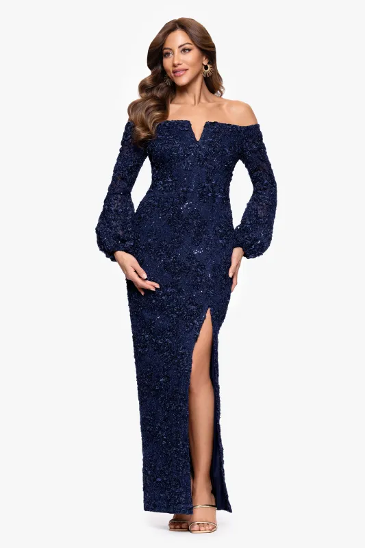 Petite "Janine" Soutache Lace Long Sleeve Off the Shoulder Floor Length Dress sold by Xscape