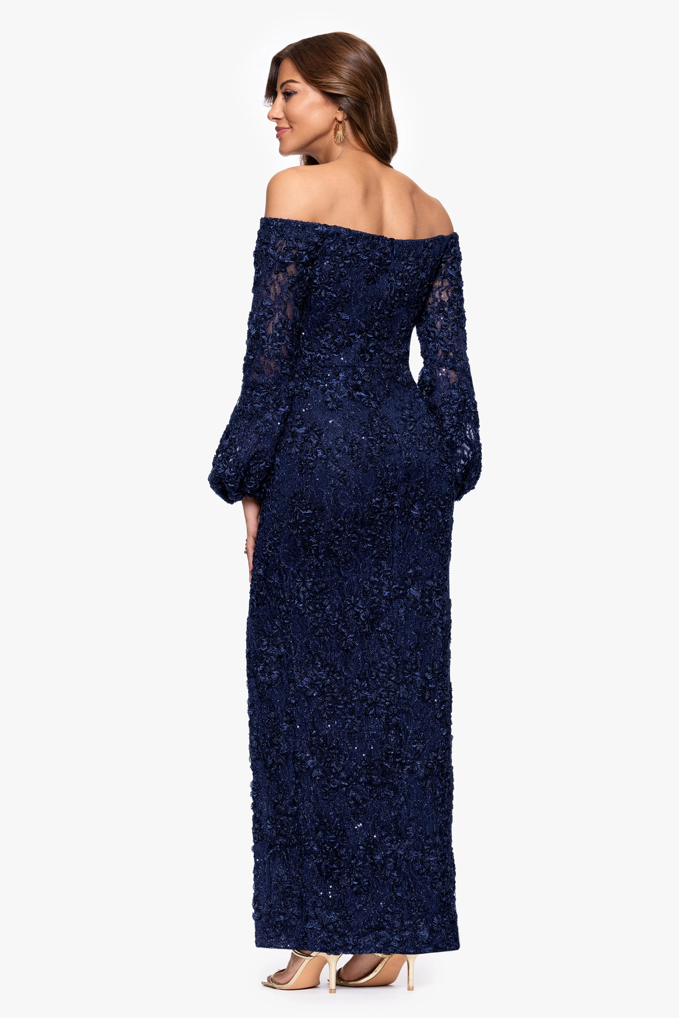 Petite "Janine" Soutache Lace Long Sleeve Off the Shoulder Floor Length Dress sold by Xscape product image thumbnail 3