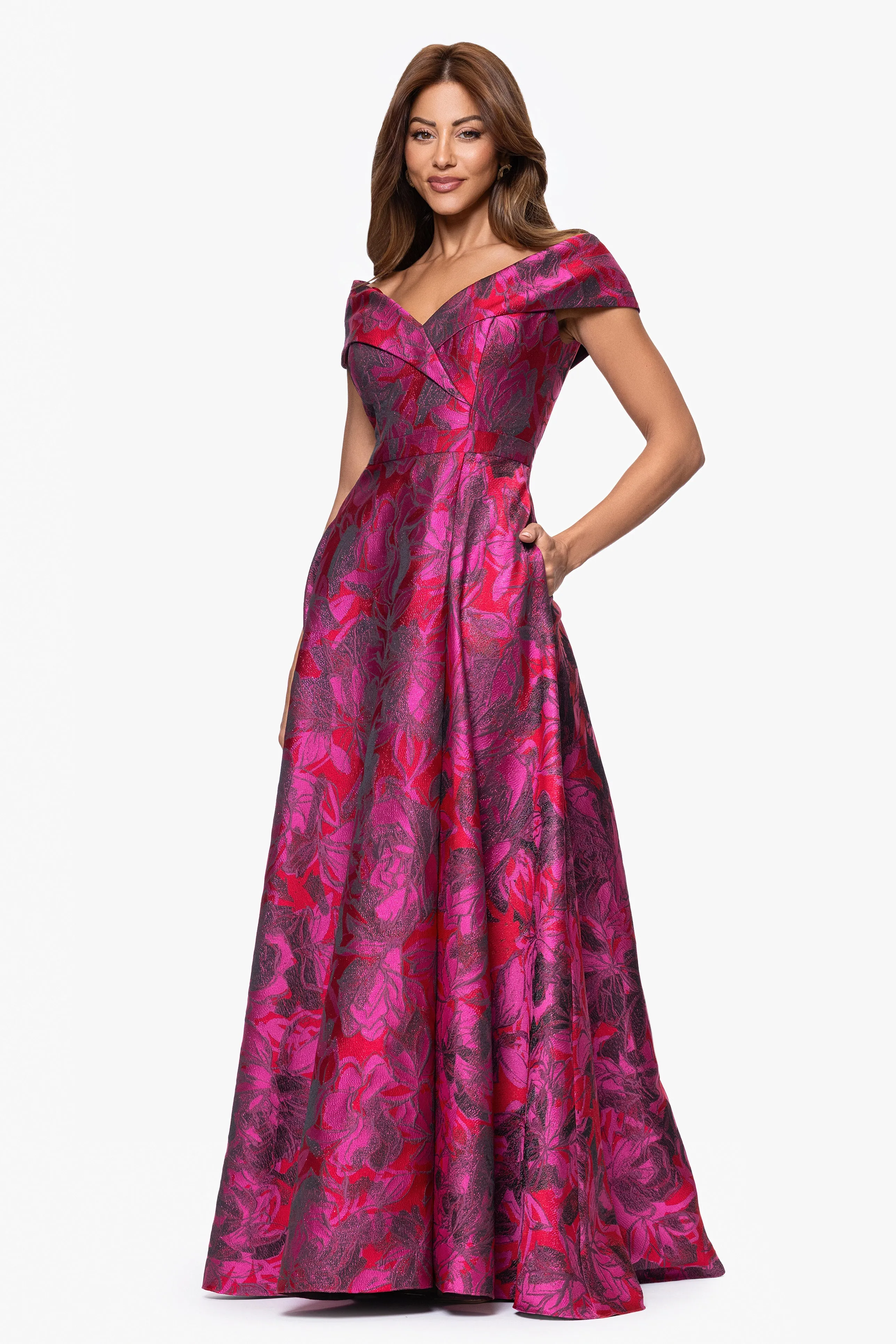 "Bethaney" Jacquard Off the Shoulder Sweetheart Neckline Floor Length Dress sold by Xscape product image thumbnail 4