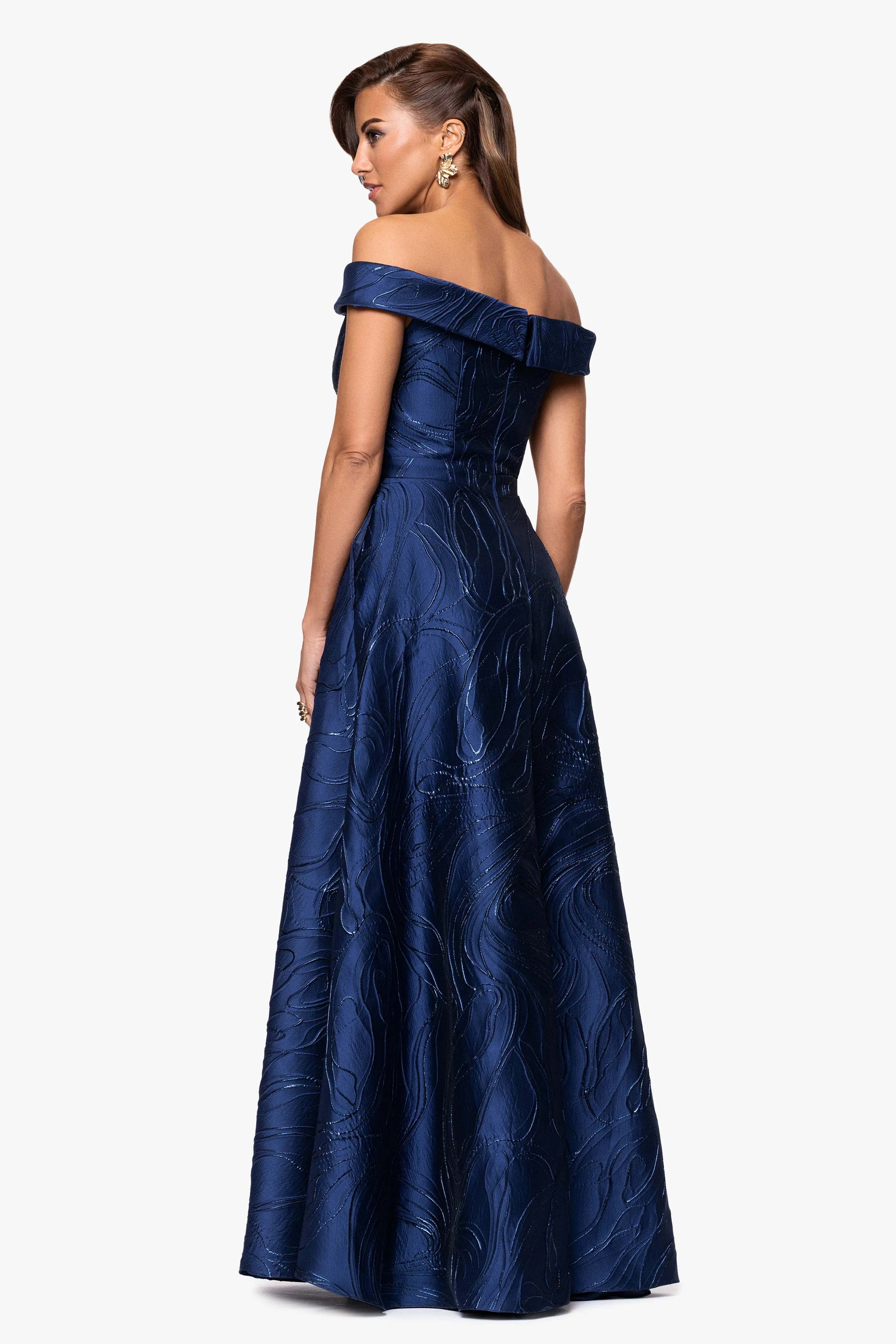 "Kristine" Jacquard Off the Shoulder Sweethear Neckline Floor Length Dress sold by Xscape product image thumbnail 3