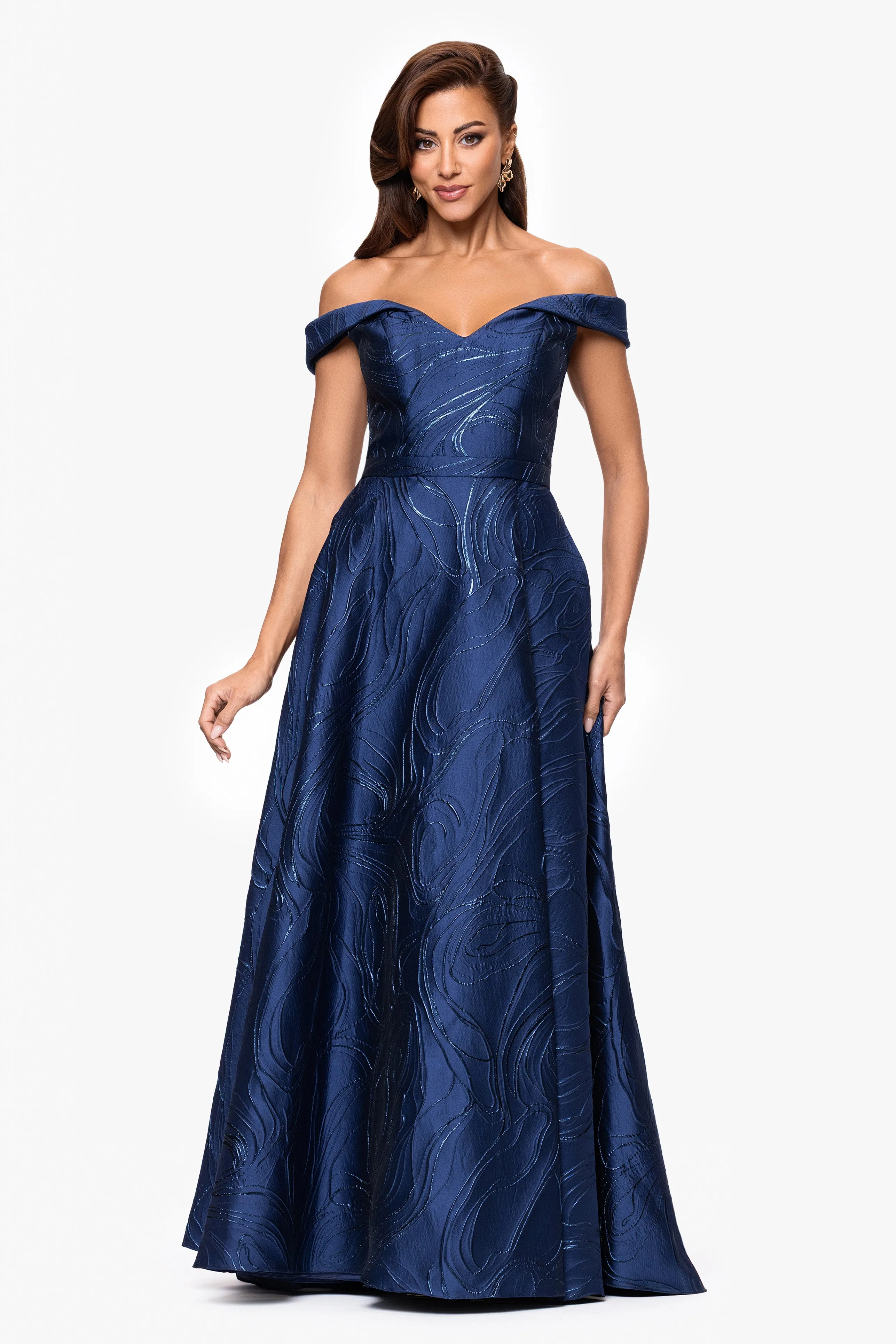 "Kristine" Jacquard Off the Shoulder Sweethear Neckline Floor Length Dress sold by Xscape