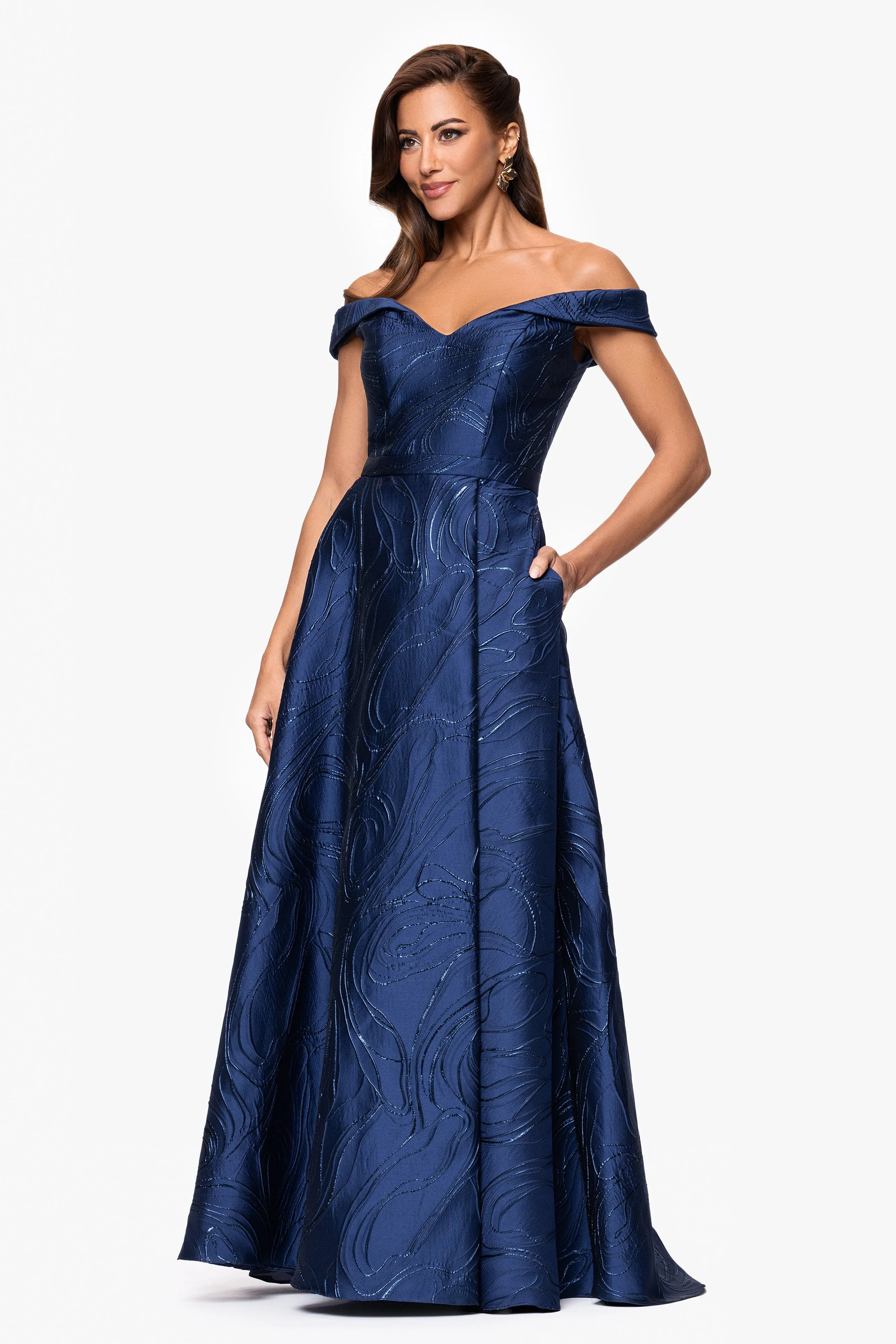 "Kristine" Jacquard Off the Shoulder Sweethear Neckline Floor Length Dress sold by Xscape product image thumbnail 4