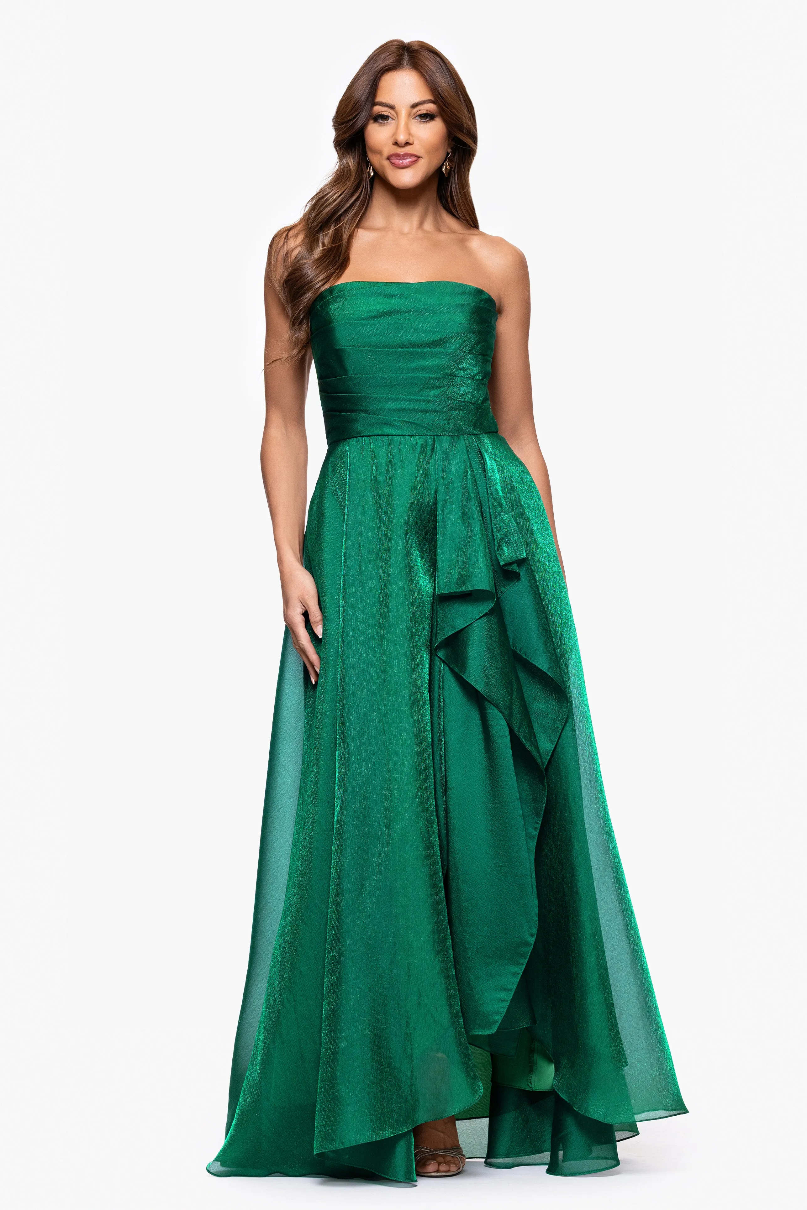 "Sasha" Organza Strapless Ruffle Floor Length Dress sold by Xscape
