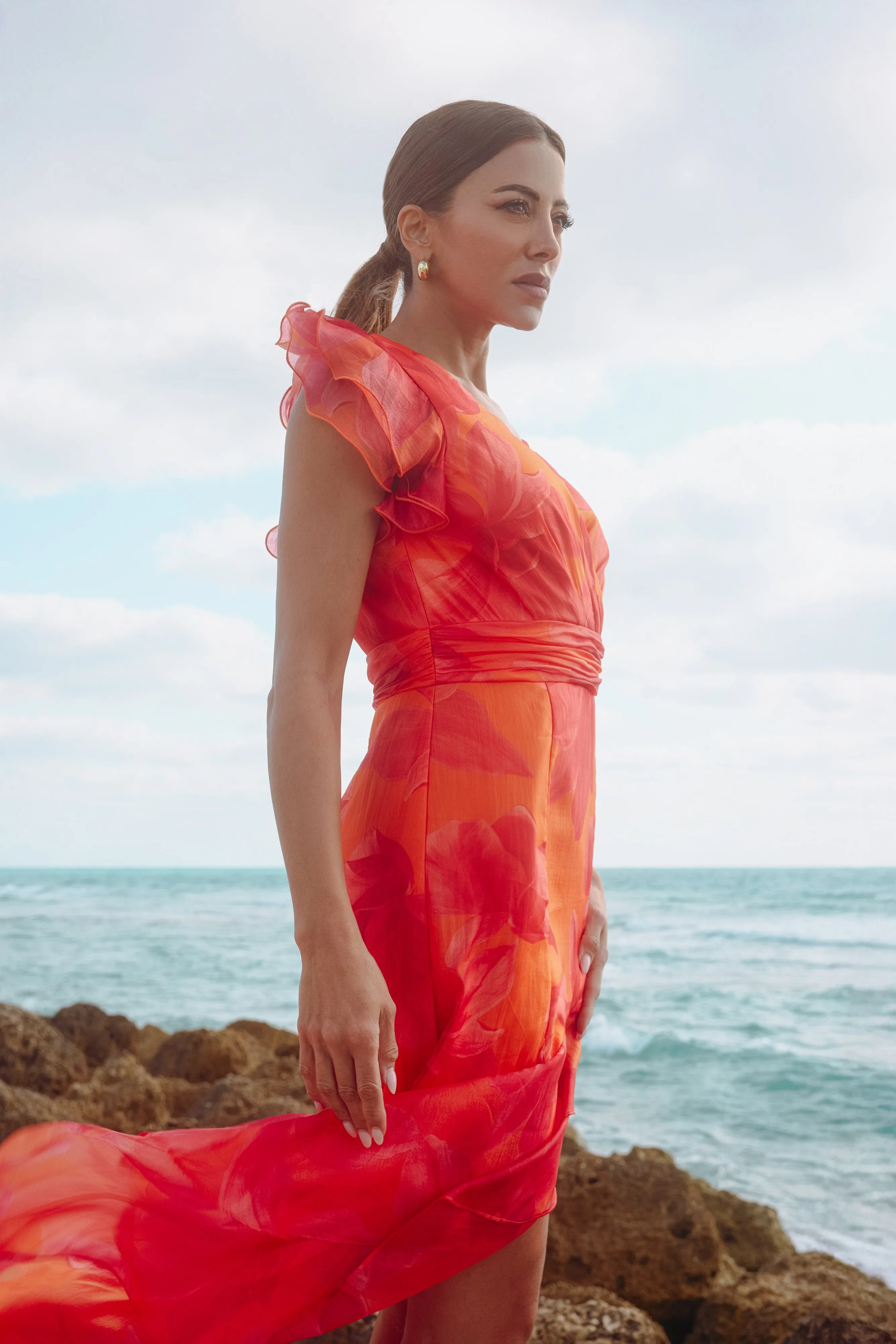 Petite "Patricia" Print Organza Flutter Sleeve High Low Dress sold by Xscape product image thumbnail 5