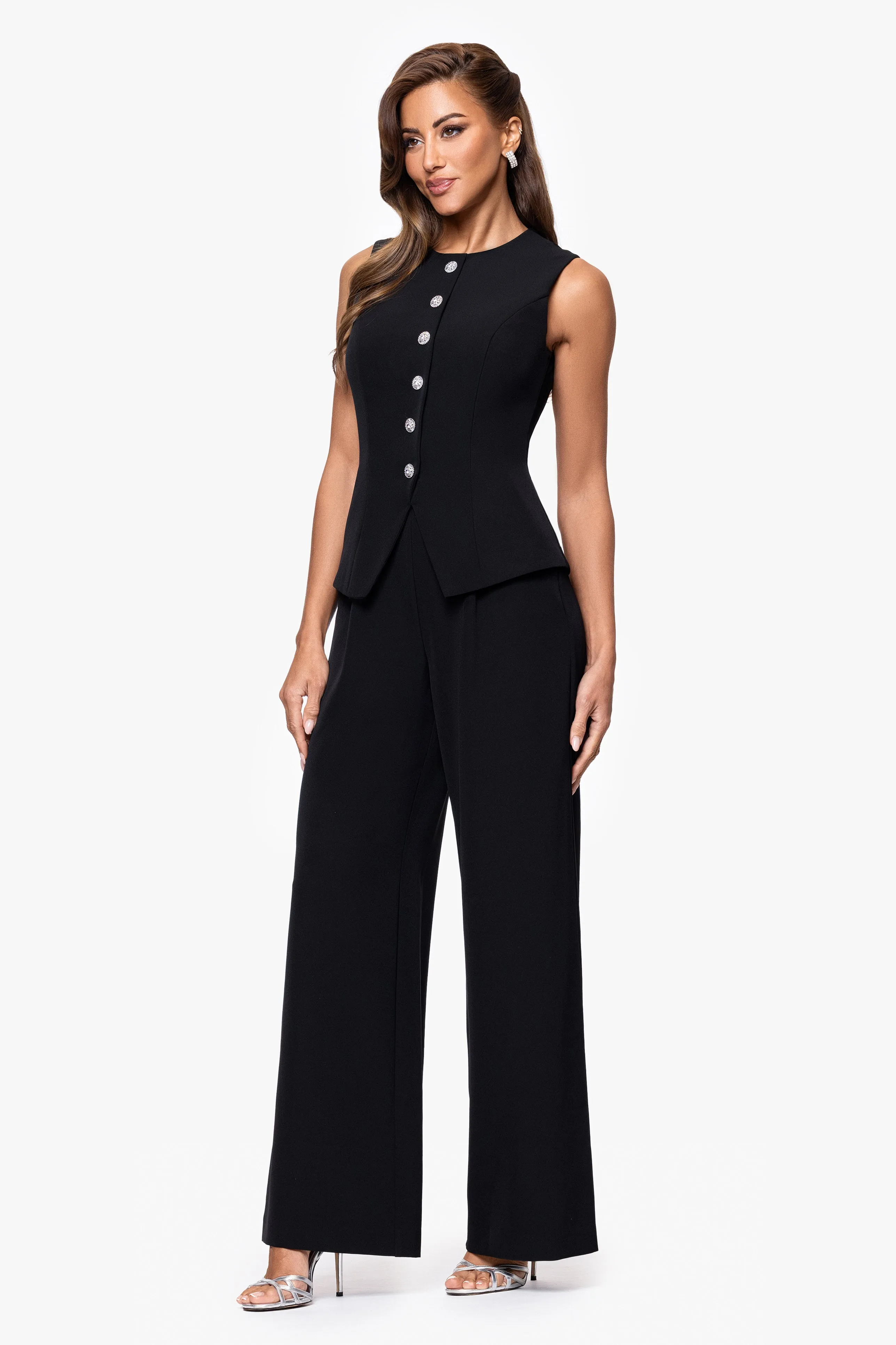 "Loraine" Laguna Scuba Button Embellished Sleeveless Jumpsuit sold by Xscape product image thumbnail 5