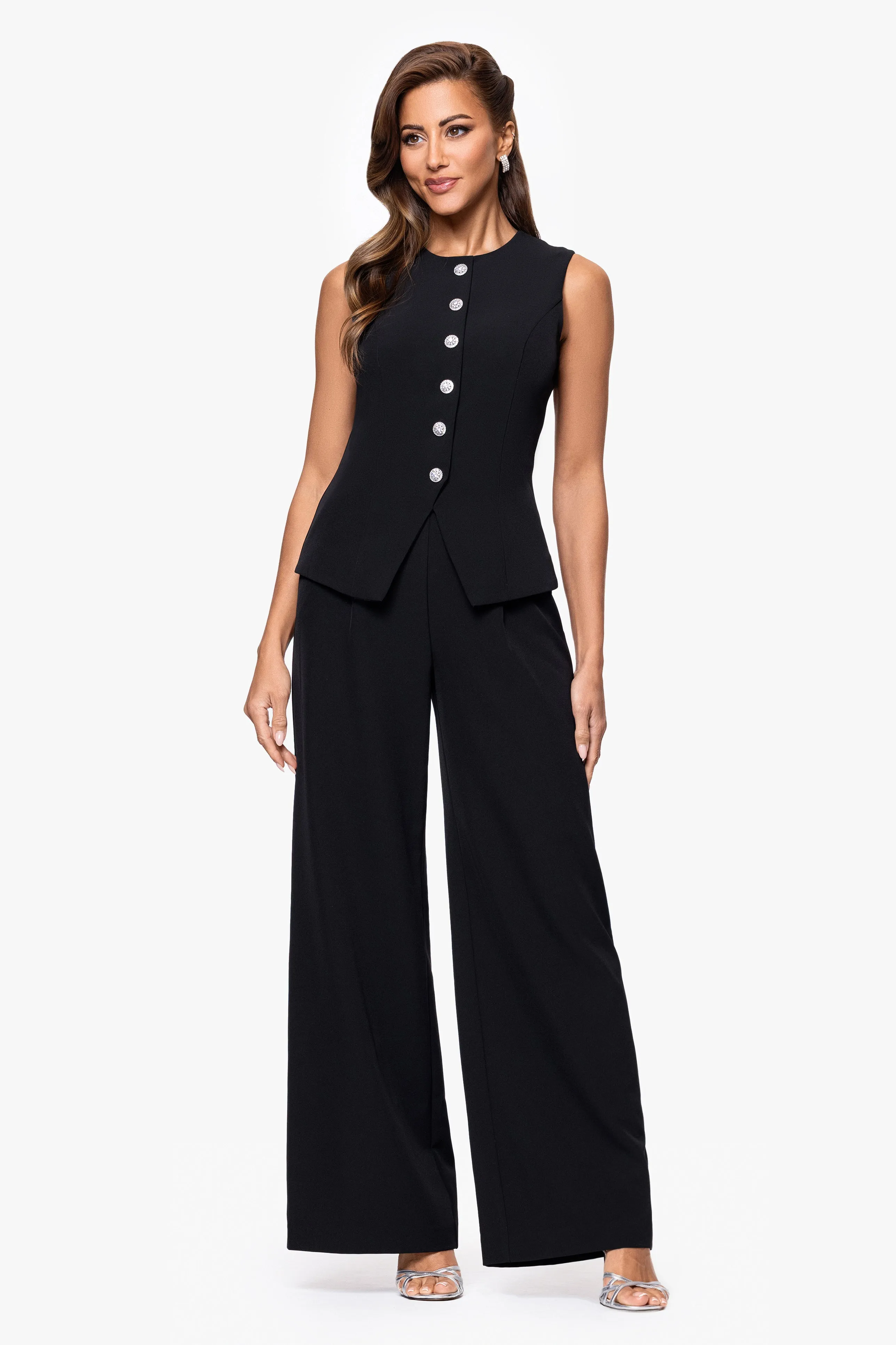 "Loraine" Laguna Scuba Button Embellished Sleeveless Jumpsuit sold by Xscape