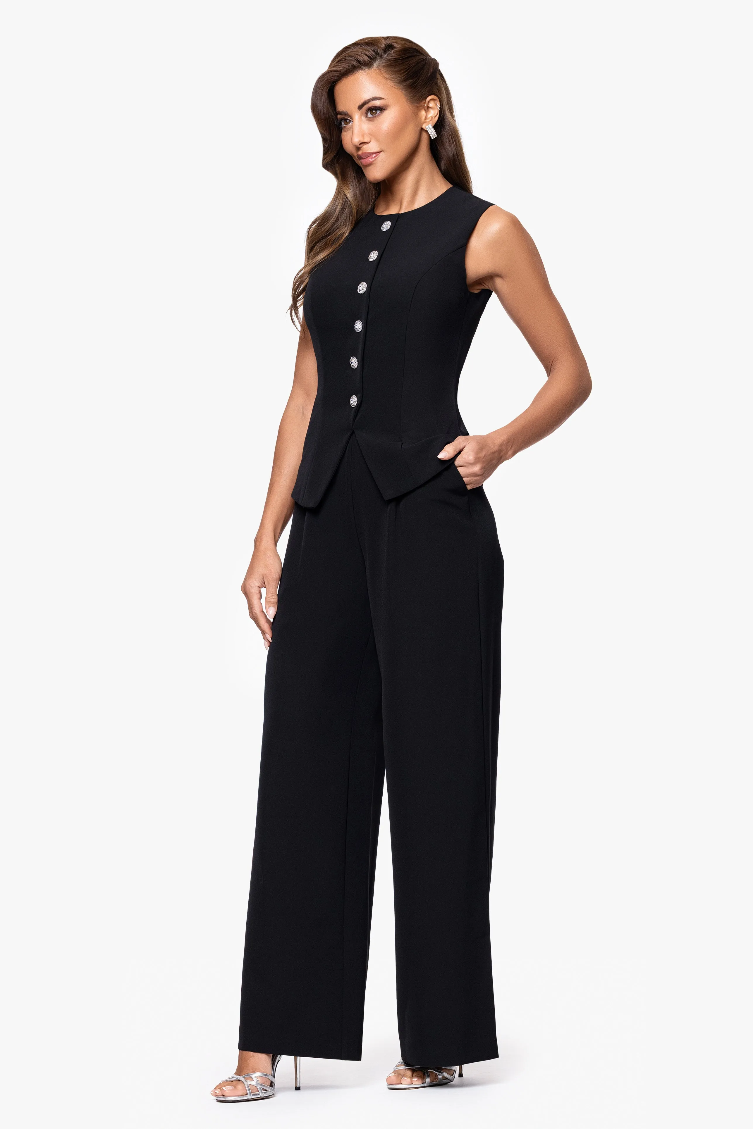 "Loraine" Laguna Scuba Button Embellished Sleeveless Jumpsuit sold by Xscape product image thumbnail 4