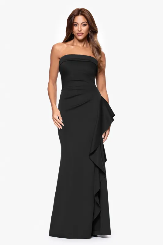 "Jacqueline" Techno Scuba Strapless Ruffle Floor Length Dress sold by Xscape
