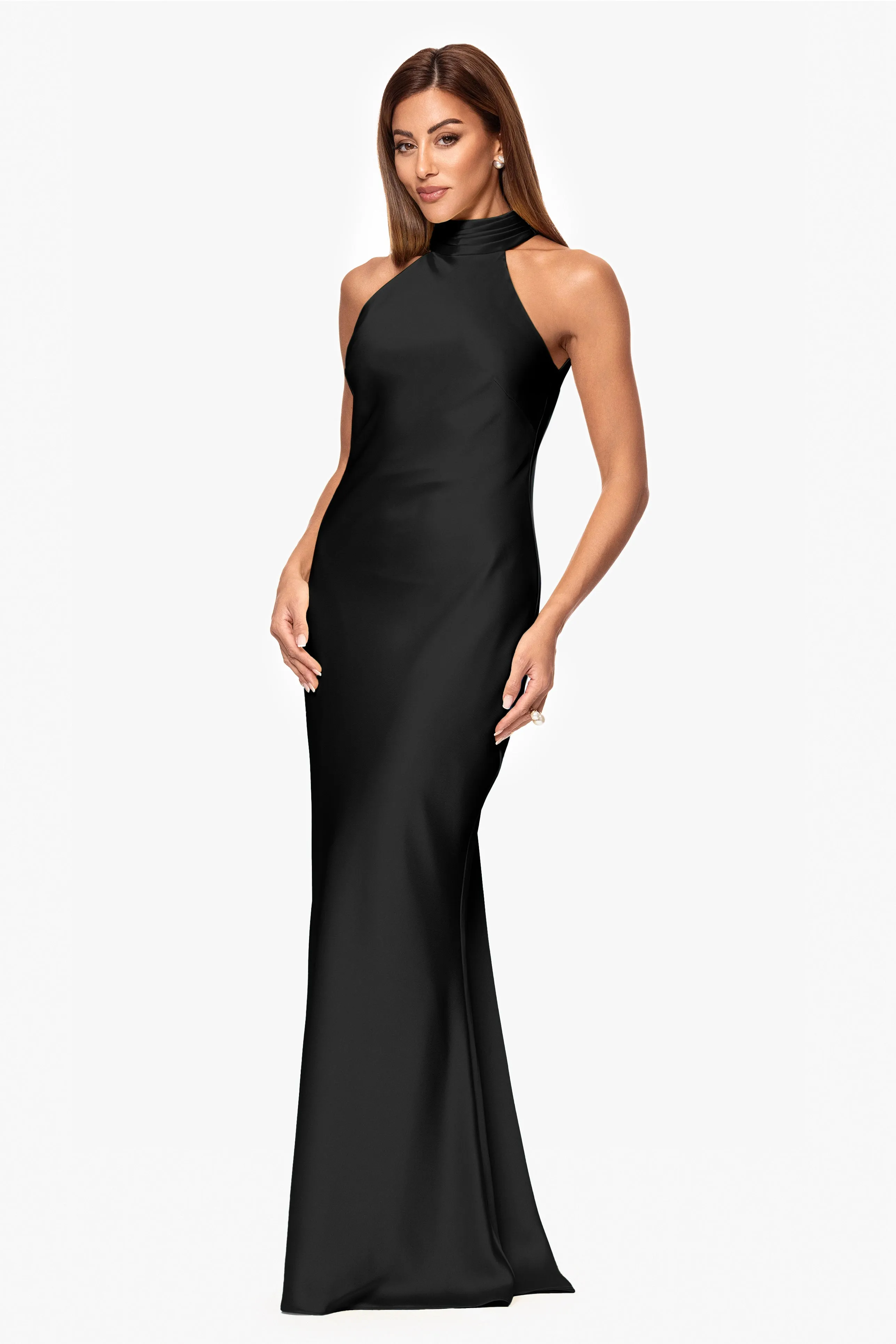 "Ruth" Satin High Tie Neck Backless Floor Length Dress sold by Xscape product image thumbnail 4