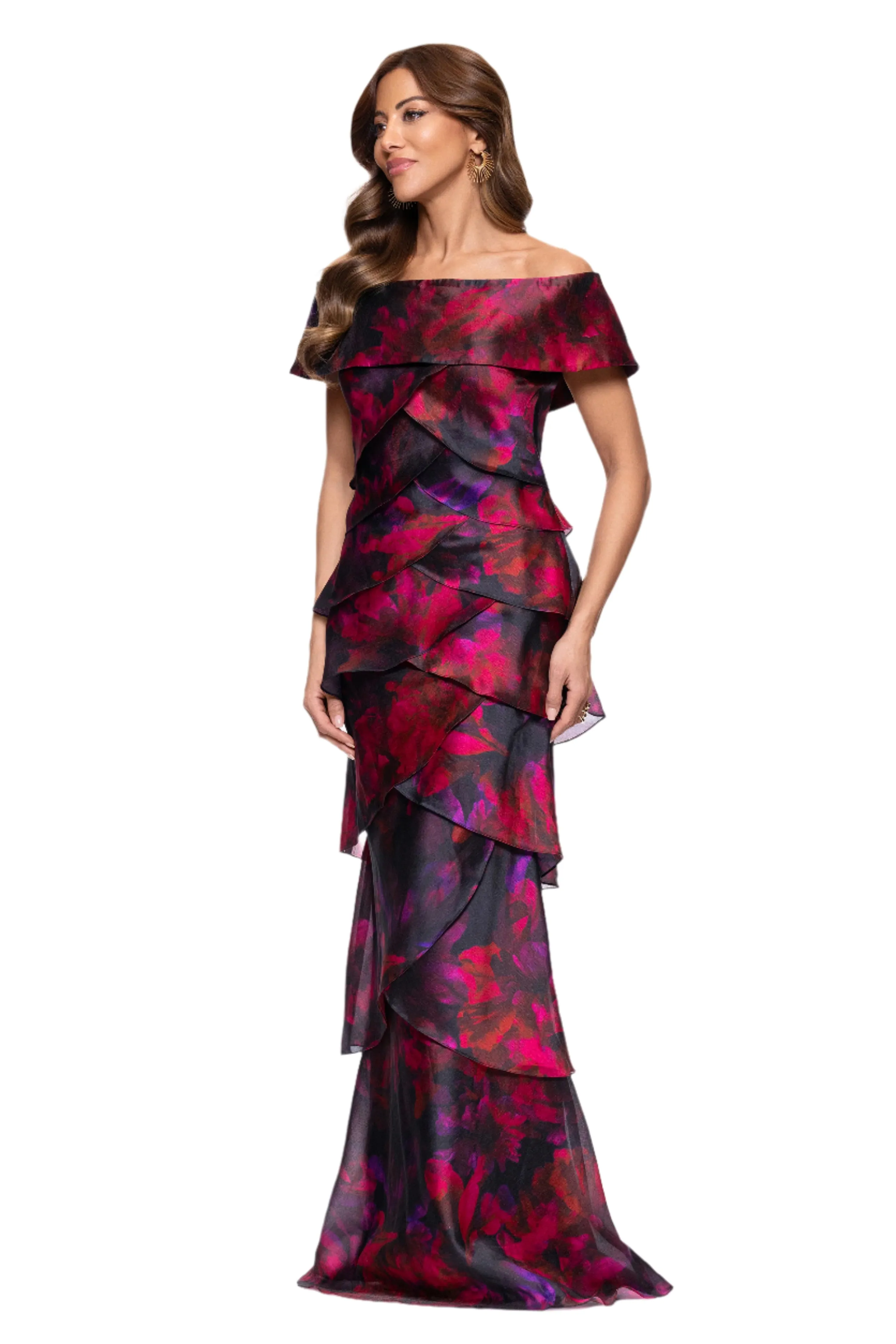 "Brie" Print Organza Off the Shoulder Tiered Floor Length Dress sold by Xscape product image thumbnail 3
