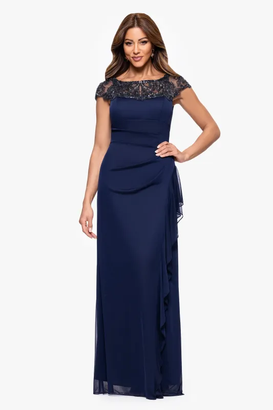 "Cathleen" Sheer Matte Jersey Beaded Neckline Ruffle Floor Length Dress sold by Xscape