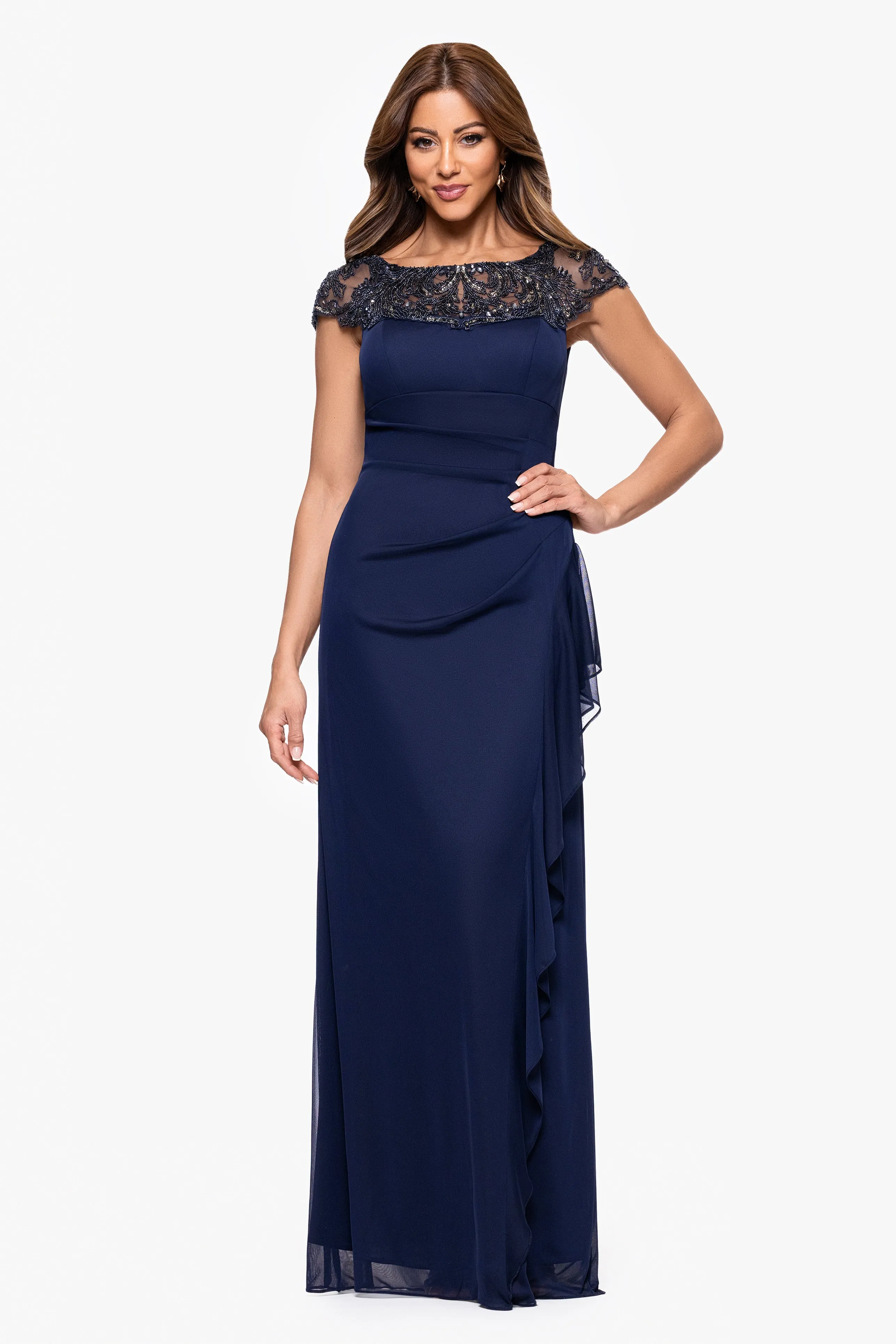 "Cathleen" Sheer Matte Jersey Beaded Neckline Ruffle Floor Length Dress sold by Xscape
