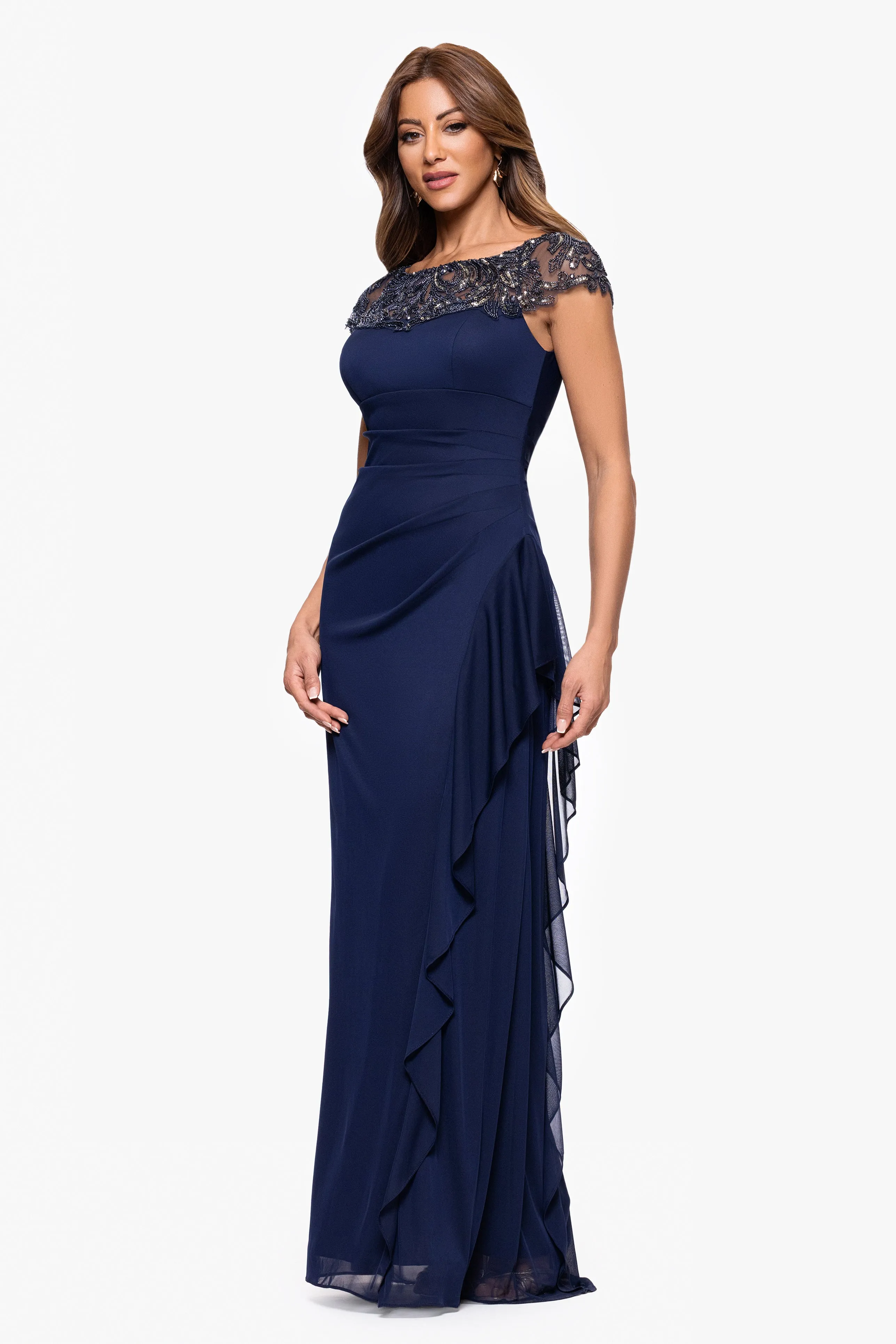 "Cathleen" Sheer Matte Jersey Beaded Neckline Ruffle Floor Length Dress sold by Xscape product image thumbnail 4