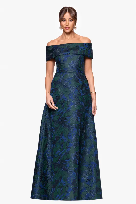 "June" Jacquard Off the Shoulder Floor Length Dress sold by Xscape